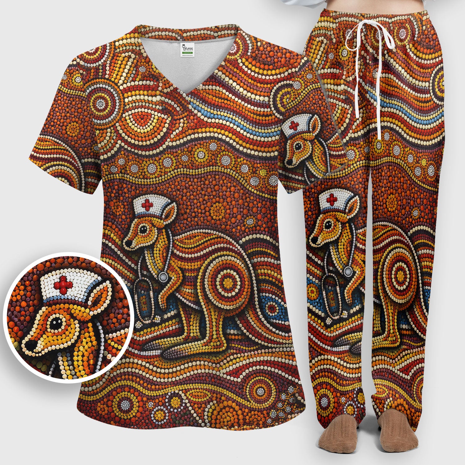 Australian Aboriginal Nurse Scrub Set, Kangaroo Dot Art Medical Nurses Shirt, Breathable Fabrics Nursing Uniform