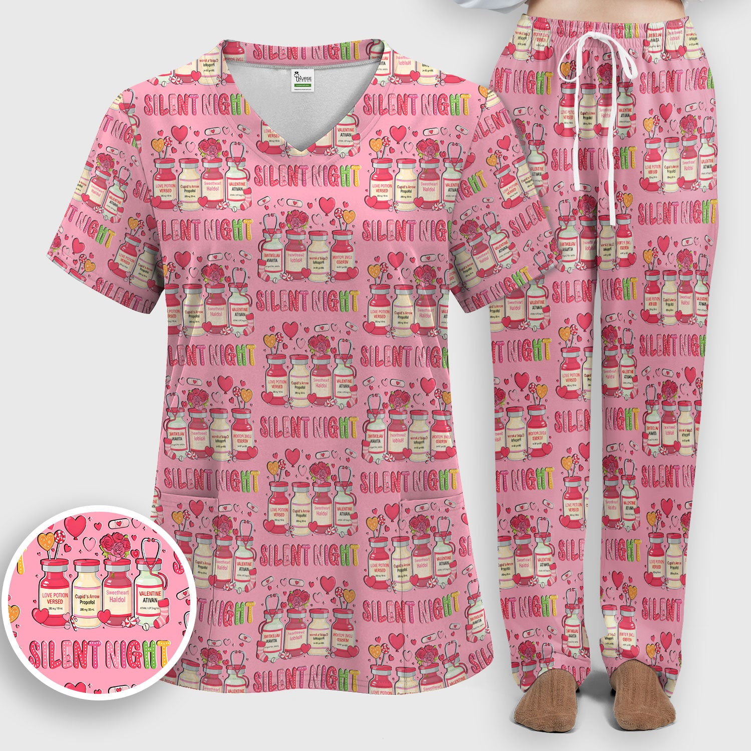 Valentine Silent Night Love Design Scrubs Set, Breathable Med Uniform