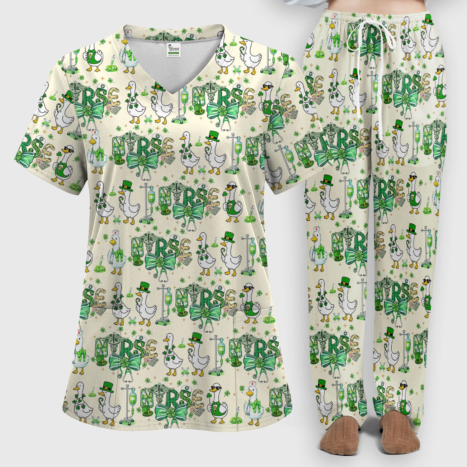 Funny Goose Nurse Shamrock Scrub Set, St. Patrick’s Day Nurse Pattern Shirt, Breathable Fabrics Nursing Uniform