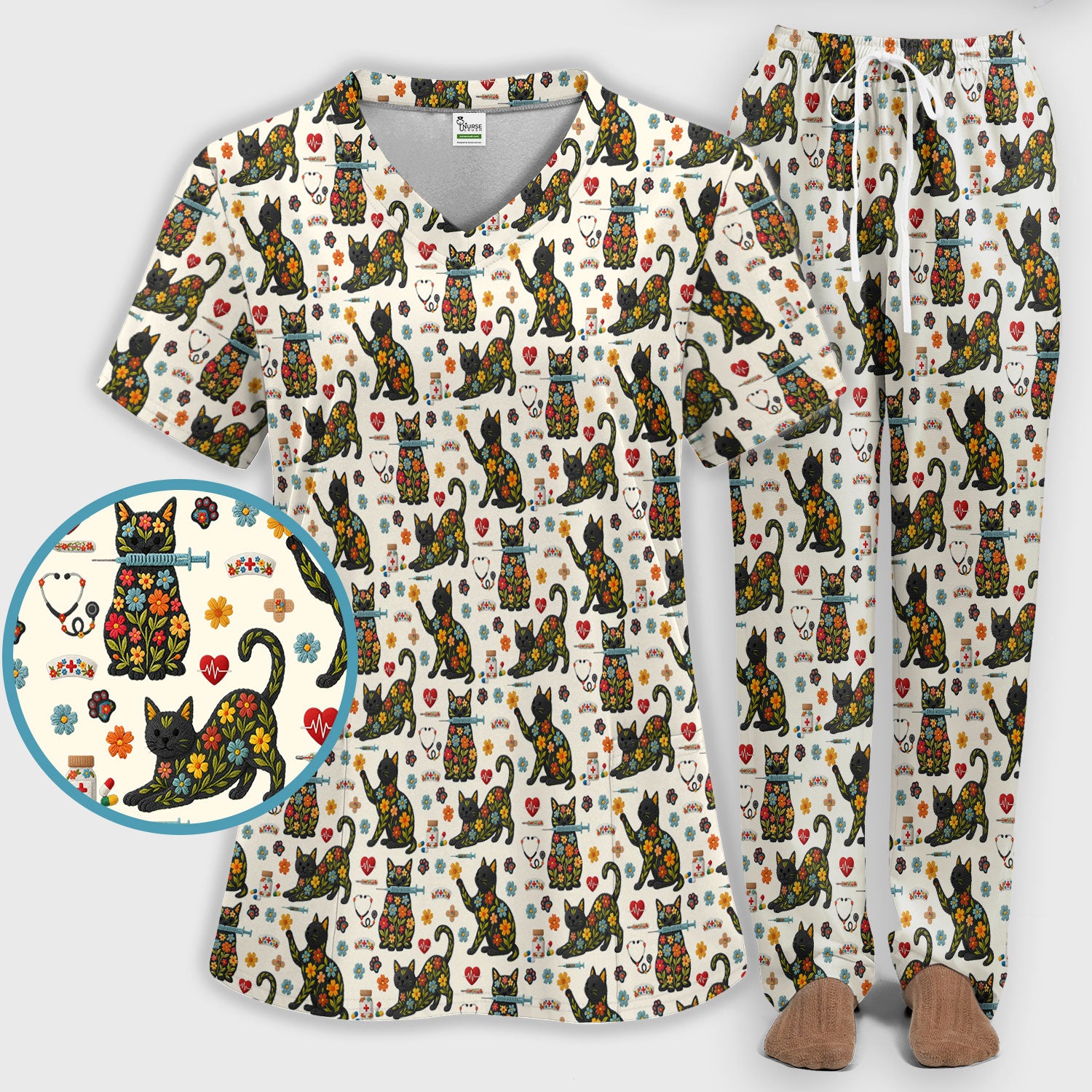 Floral Black Cat Pattern Scrub Set, Cute Cat Nurse Scrub Shirt, Medical Nursing Uniform