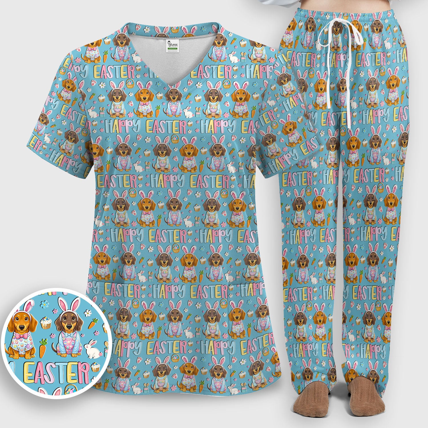 Happy Easter Dachshund Puppy Pattern Scrub Set, Breathable Med Uniform