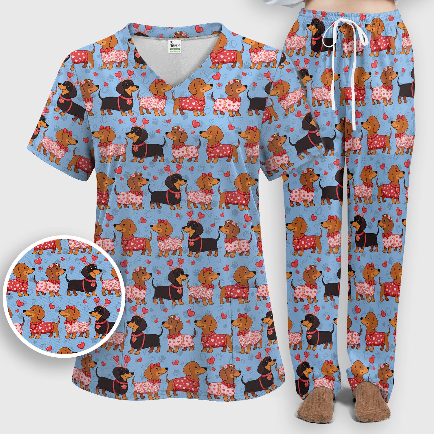 Valentine Dachshund Scrub Top, Wiener Dog Love Pattern Nurse Shirt, Breathable Fabrics Nursing Uniform
