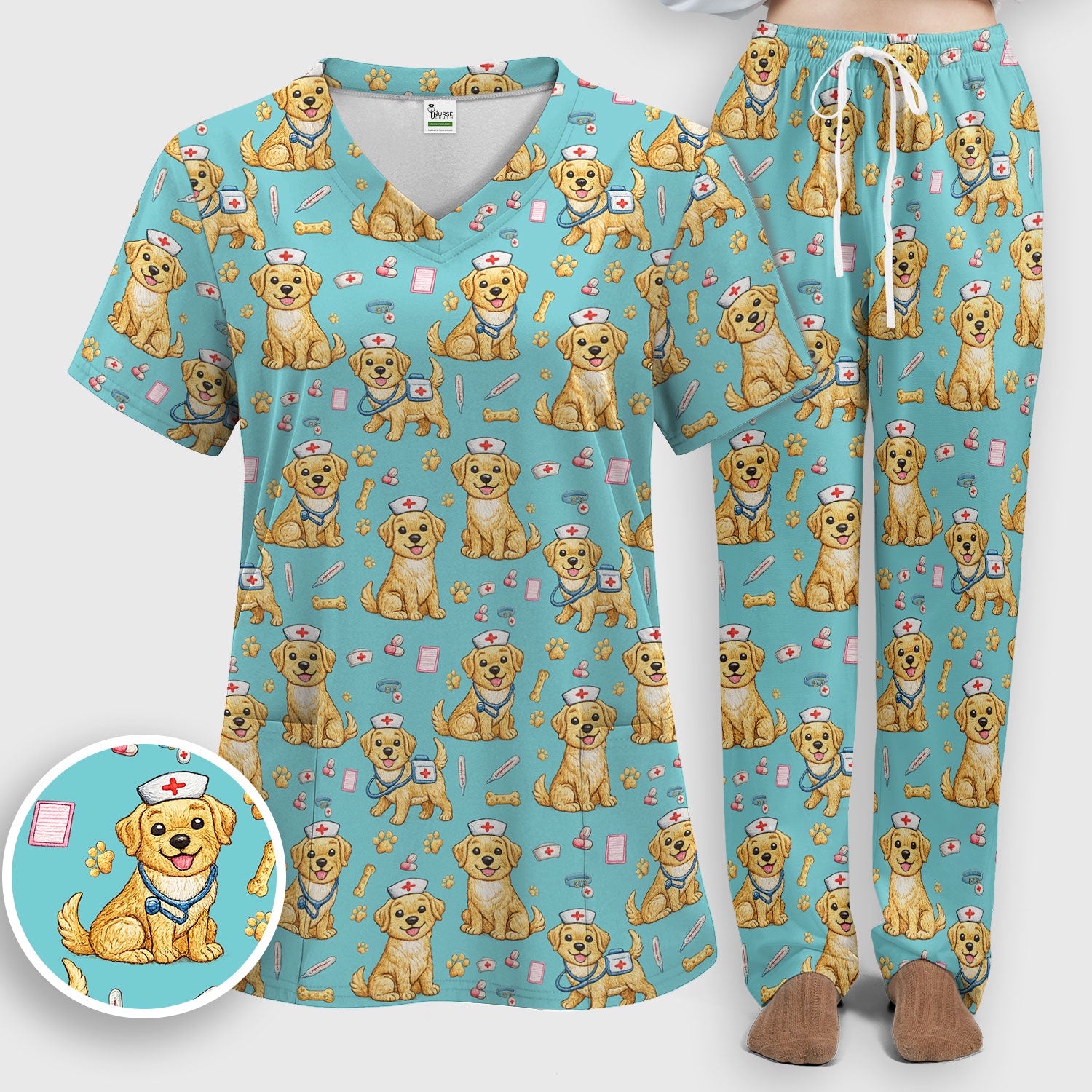 Cute Puppy Nurse Medical Print Women’s Scrub Set, Scrub Pants and V Neck Top