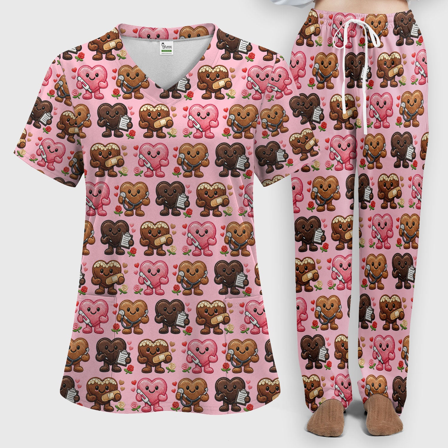 Valentine Heart Nurse Scrub Set, Cute Medical Love Pattern Shirt, Breathable Fabrics Nursing Uniform