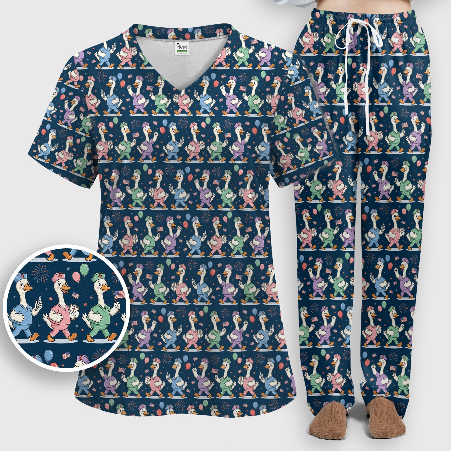 Cute Nurse Ducks Balloons Pattern Scrubs Sets, Scrub Pants and V Neck Top