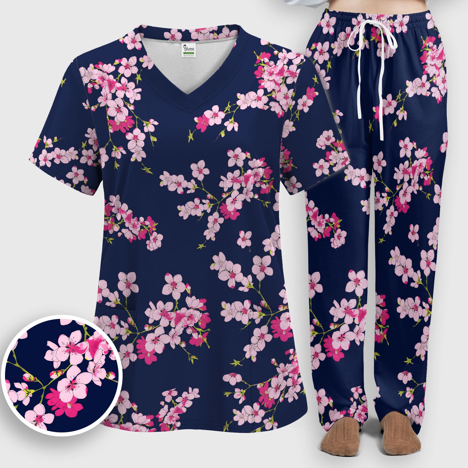 Elegant Cherry Blossom Floral Pattern Scrub Set , Breathable Med Uniform