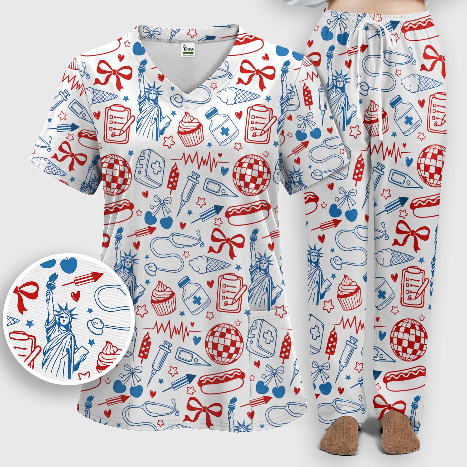 Patriotic Nurse Medical Icons Pattern Scrub Set, Scrub Pants and V Neck Top