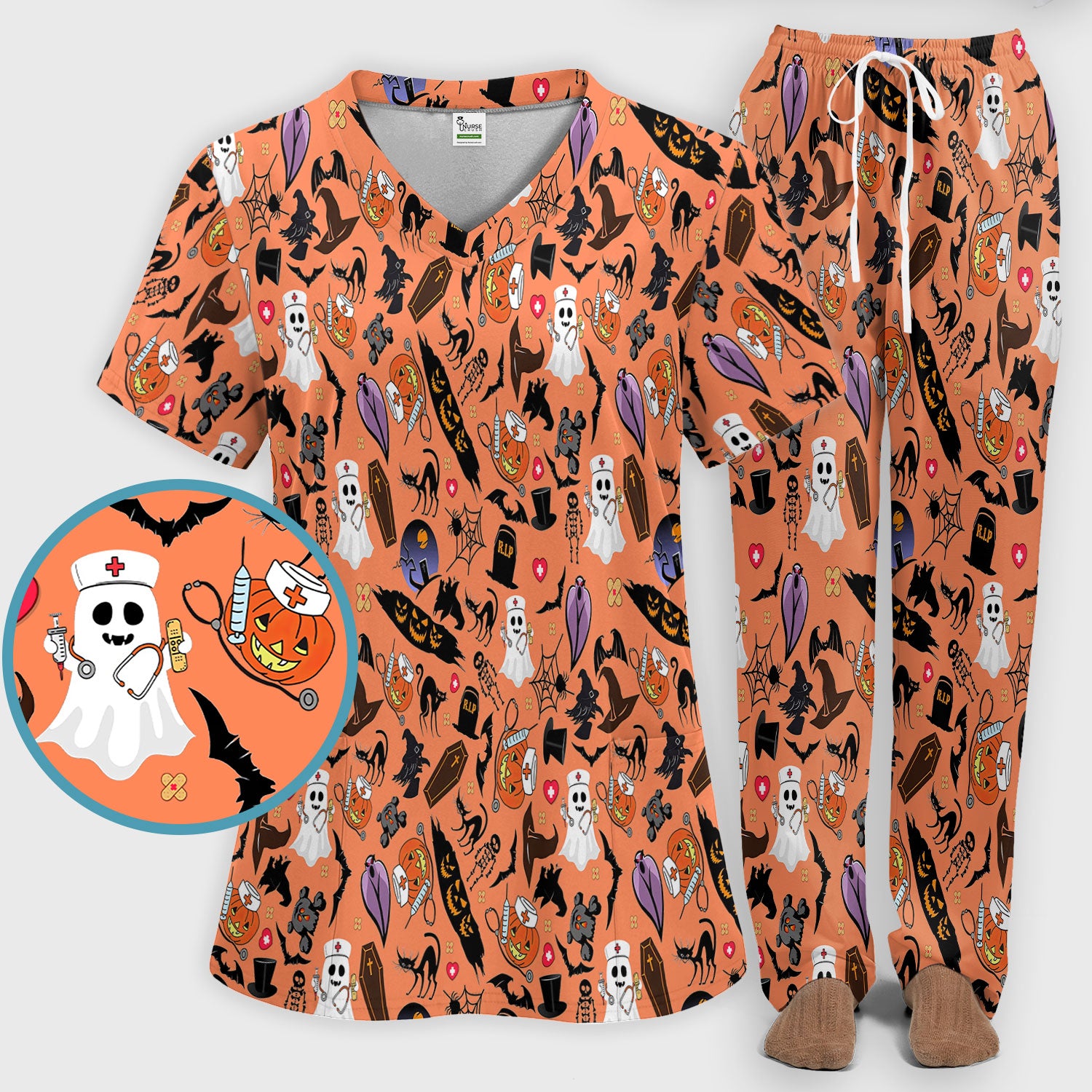 Spooky Halloween Scrub Set - Pumpkin Ghost Bat Nurse Scrubs Pants and V Neck Top - Wicked Witch Medical Uniform for RN CNA LPN