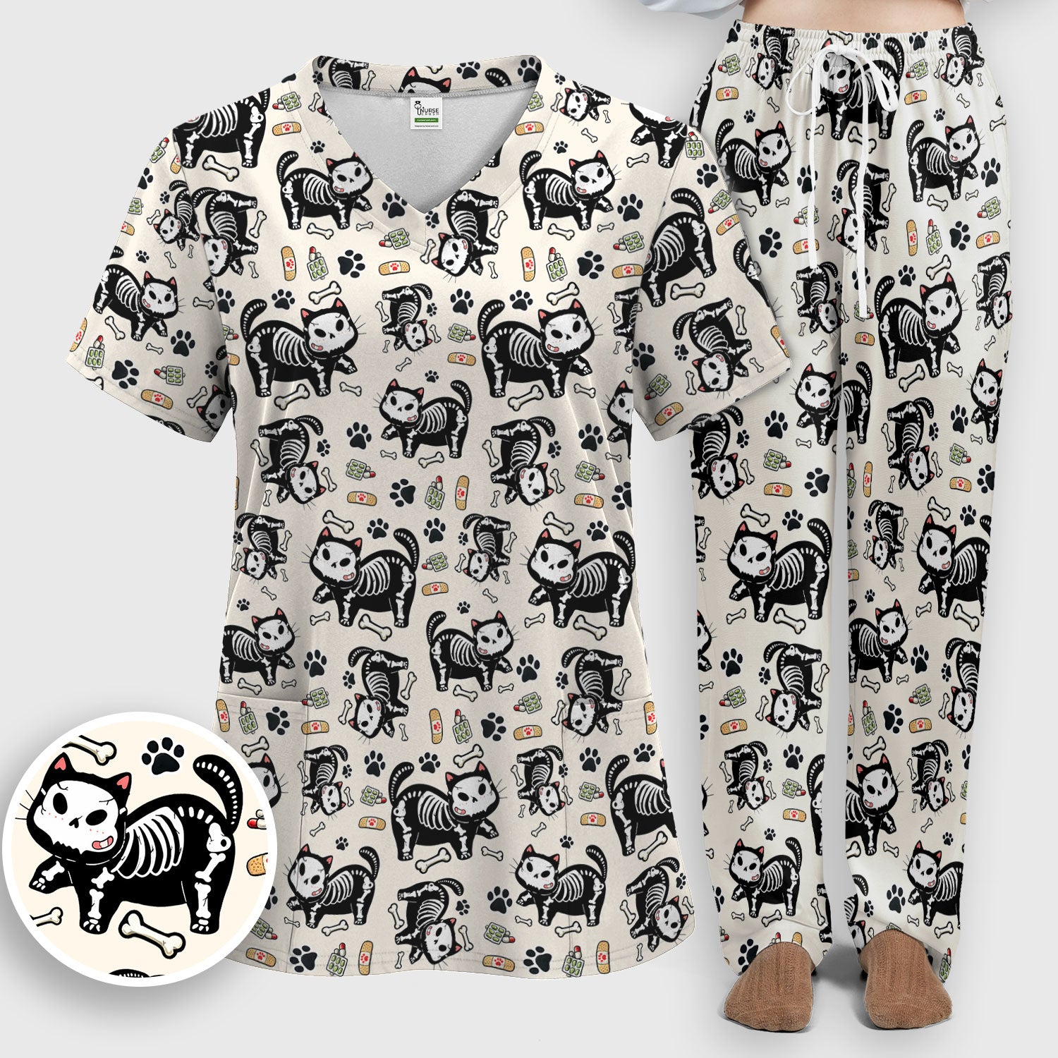 Skeleton Cat Medical Pattern Scrub Set, Scrub Pants and V Neck Top
