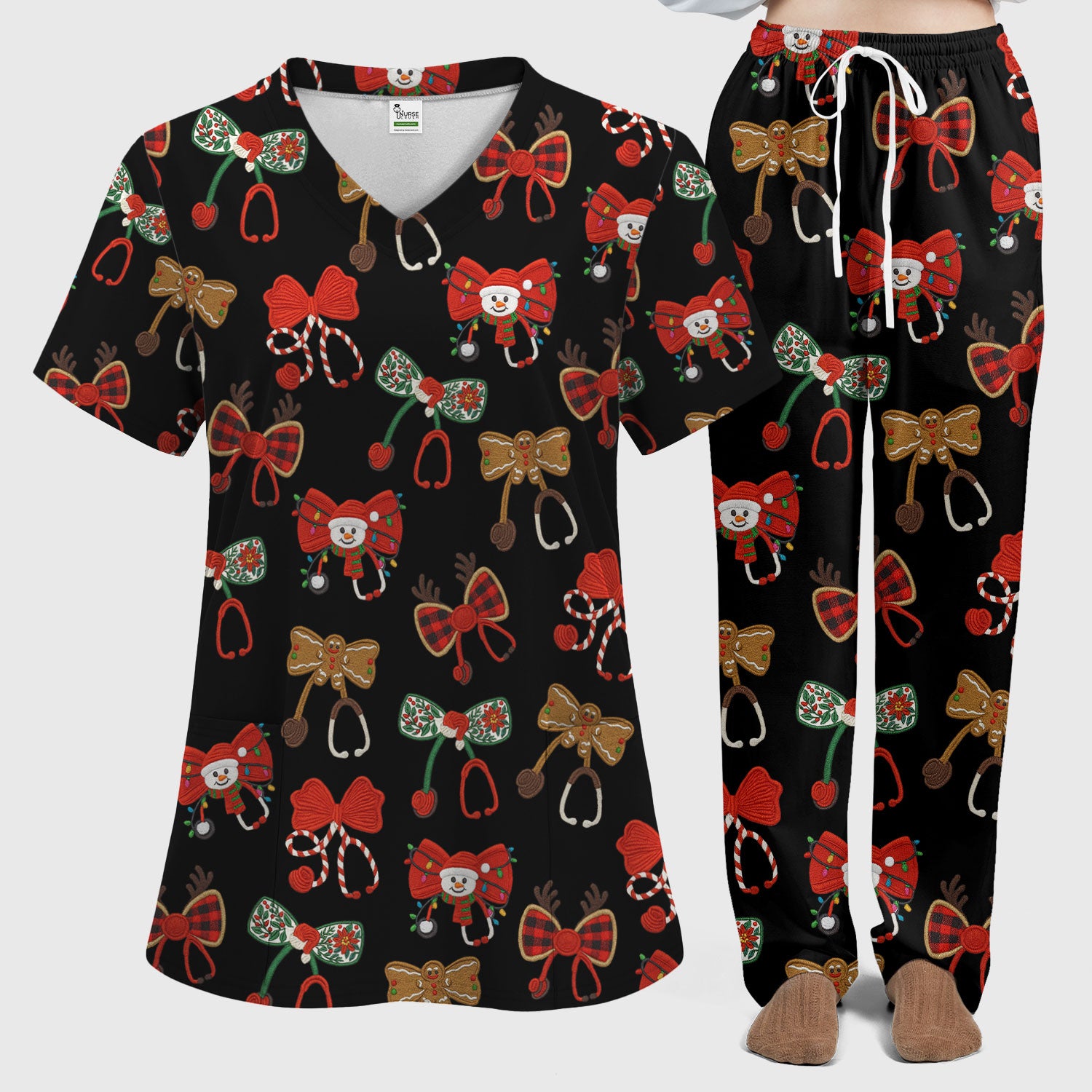 Christmas Stethoscope Bow Nurse Scrub Set, Xmas Pattern Scrub Shirt, Holiday Nursing Uniform