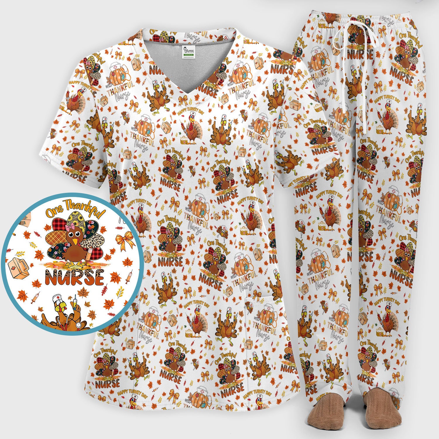 Thanksgiving Scrub Set for Women - Turkey Pumpkin Scrub Top and Pants for Nurses - Fall Med Uniform for RN CNA LPN