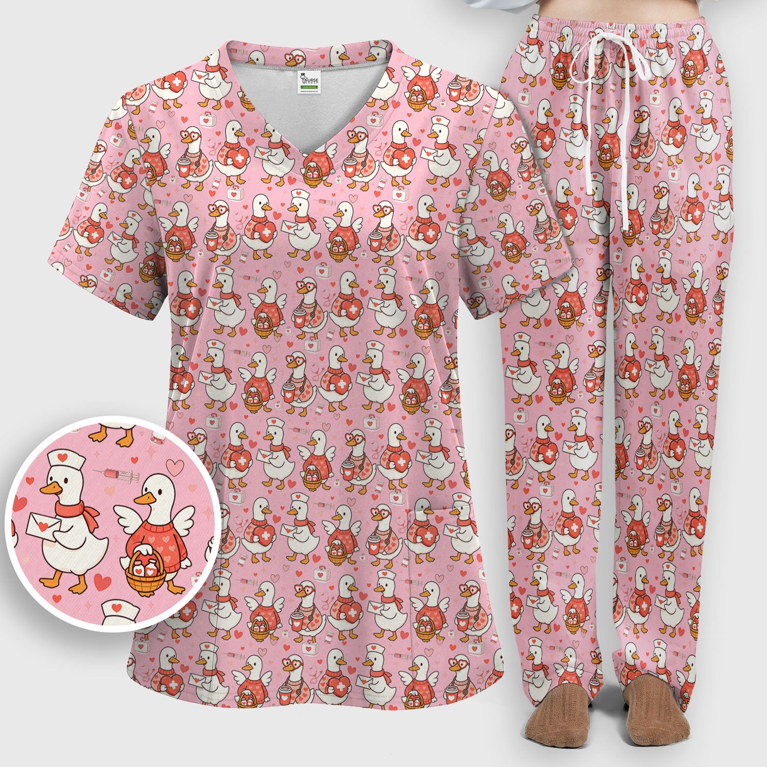 Valentine Goose Nurse Scrub Set, Heart Medical Pattern Nurse Shirt, Breathable Fabrics Nursing Uniform