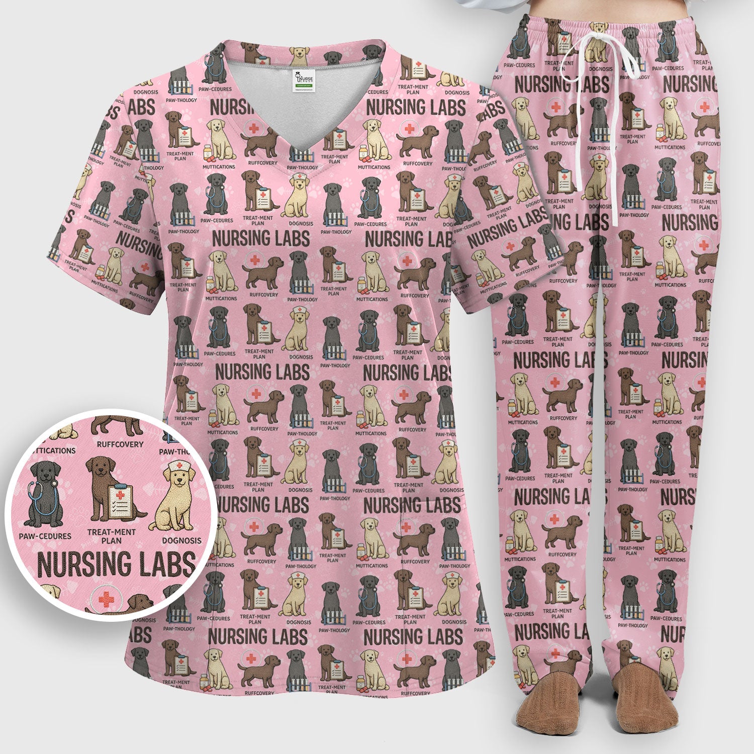Playful Nursing Labs Dog Pattern Scrub Set, Nurse Uniform Scrubs Set