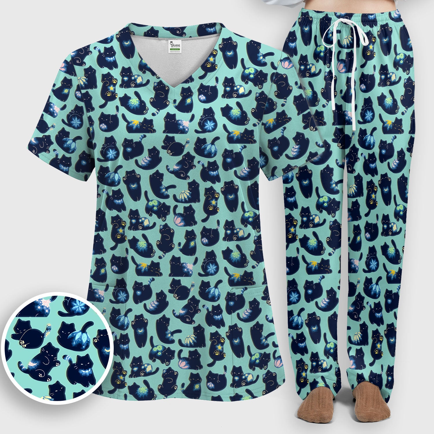 Midnight Cat Scrub Set, Black Cat Pattern Nurse Shirt, Breathable Fabrics Nursing Uniform