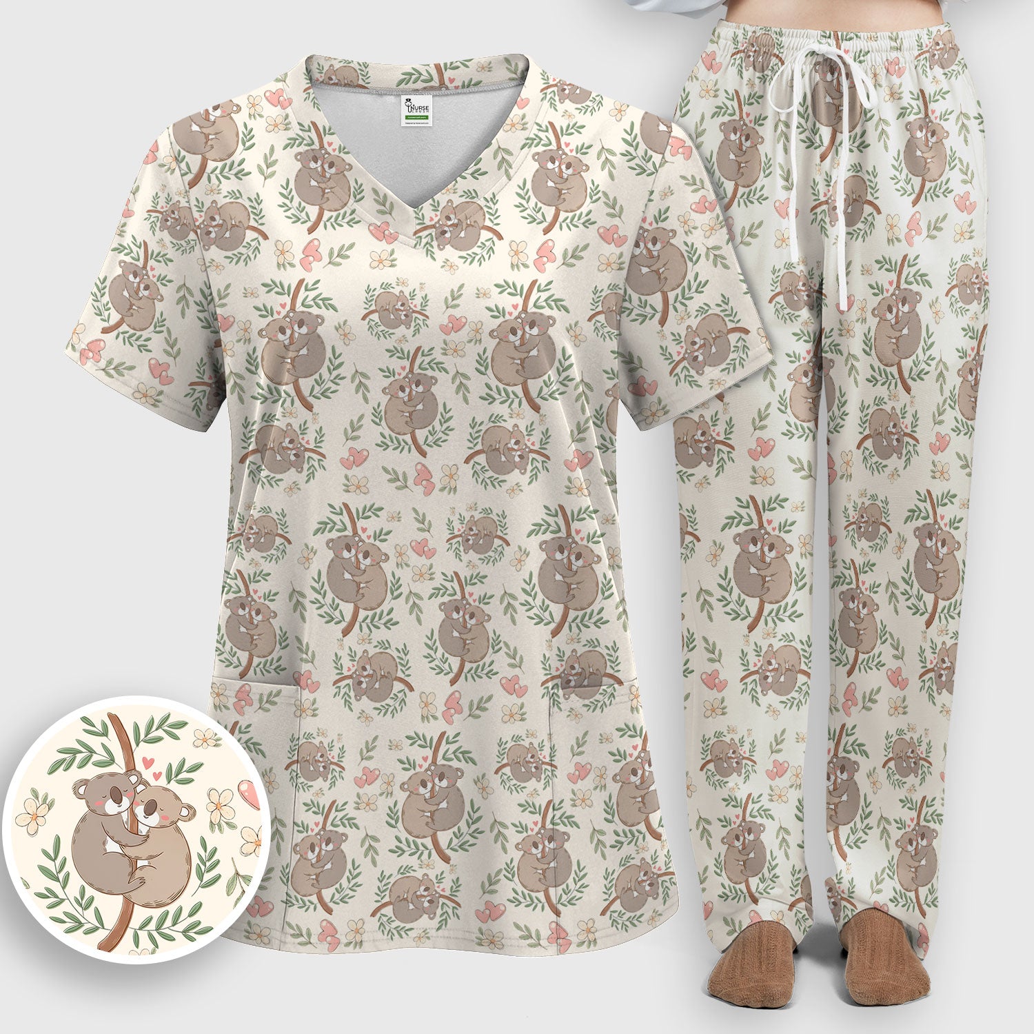 Cute Koala Couple Floral Medical Print Scrub Set, Women's Scrub Sets