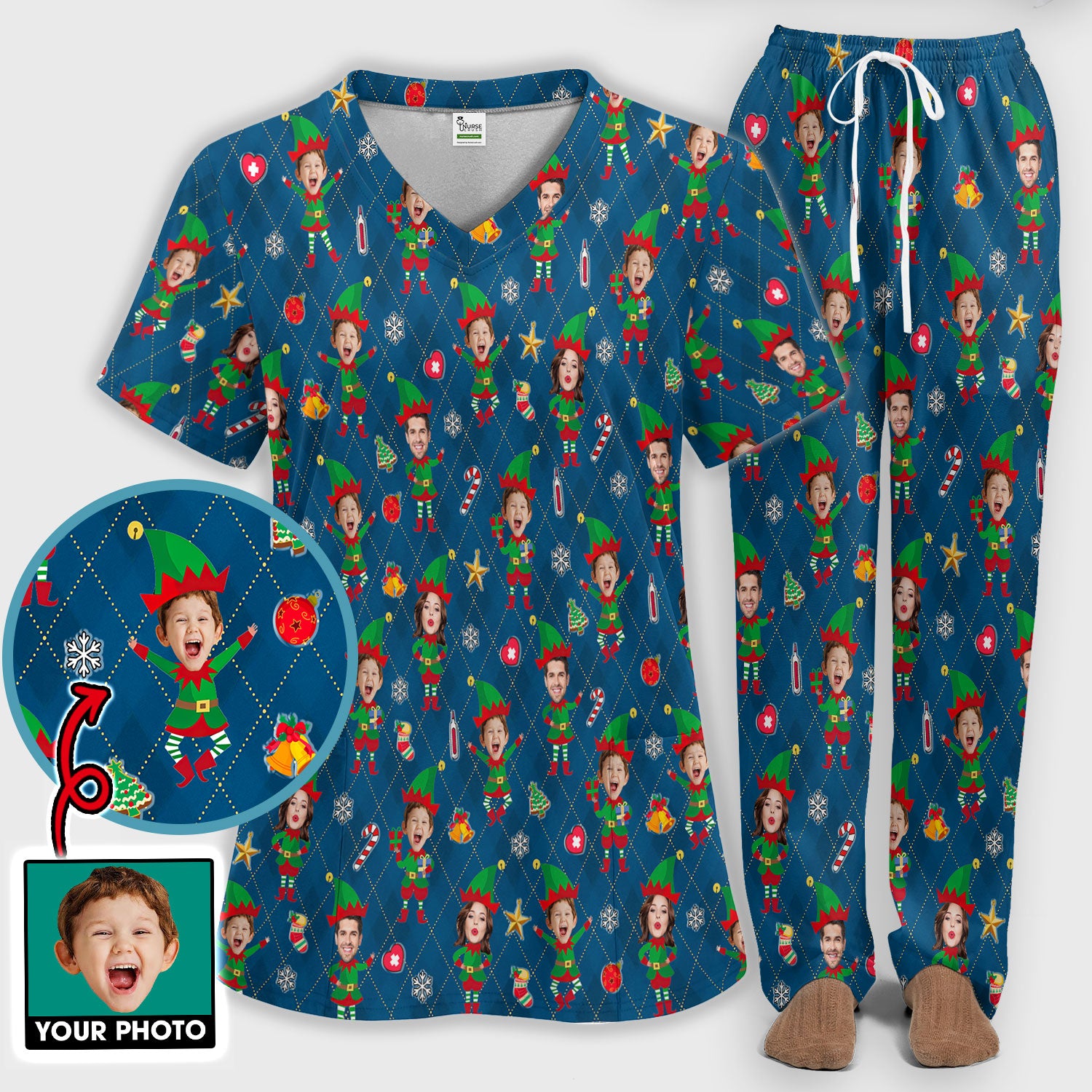 Personalized Face Nurse Uniform, Custom Photo Christmas Scrub Set, Funny Holiday Medical Uniform For Nursing