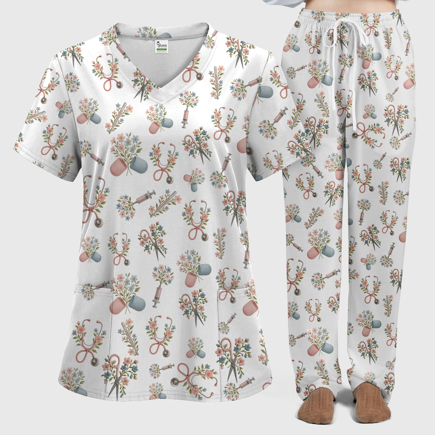 Floral Medical Scrub Set, Elegant Stethoscope With Flower Nursing Shirt, Breathable Fabrics Nurse Uniform