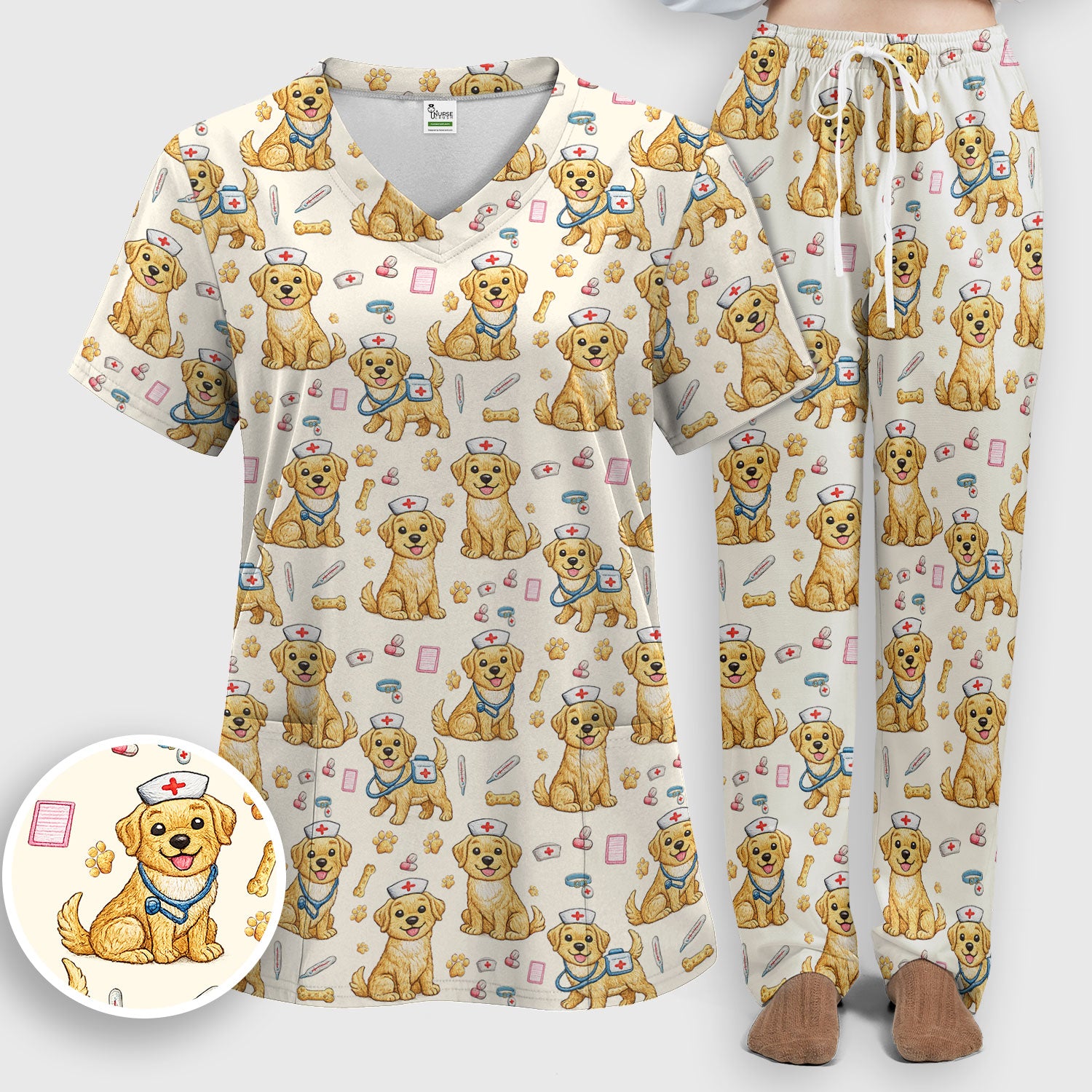 Cute Puppy Nurse Medical Print Women’s Scrub Set, Scrub Pants and V Neck Top