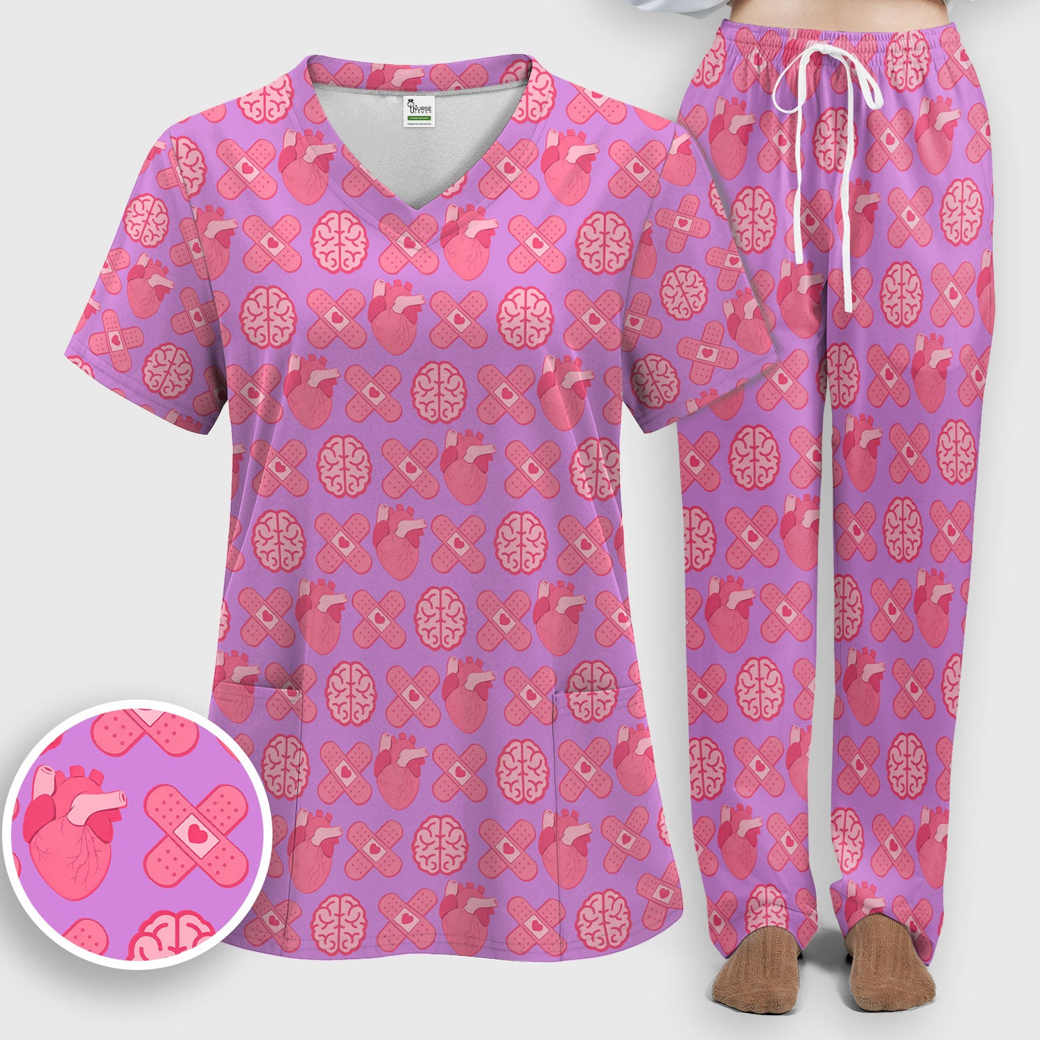 Heart & Brain Medical Icon Pattern Scrub Set, Scrub Pants and V Neck Top