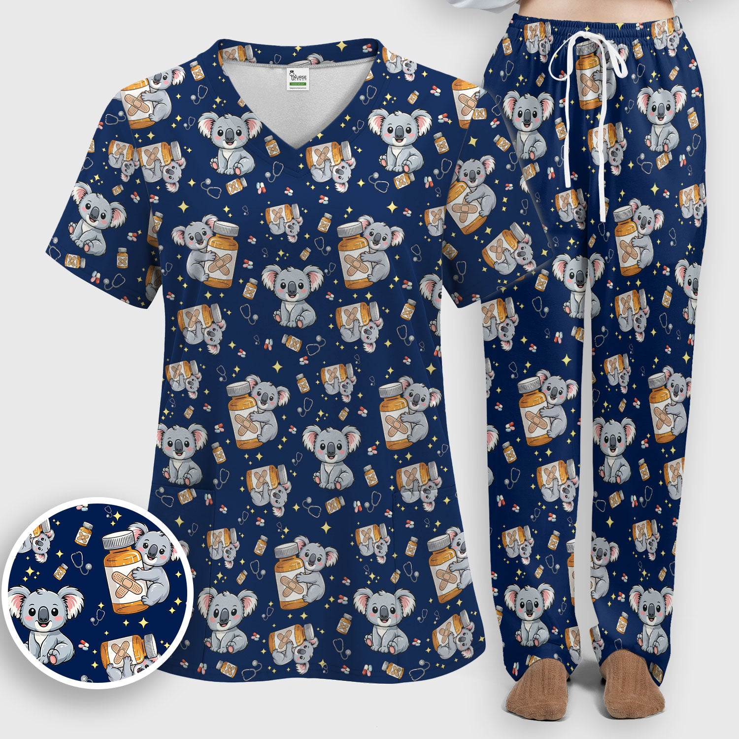 Cute Koala Nurse Bandage Medicine Print Scrub Set, Breathable Med Uniform