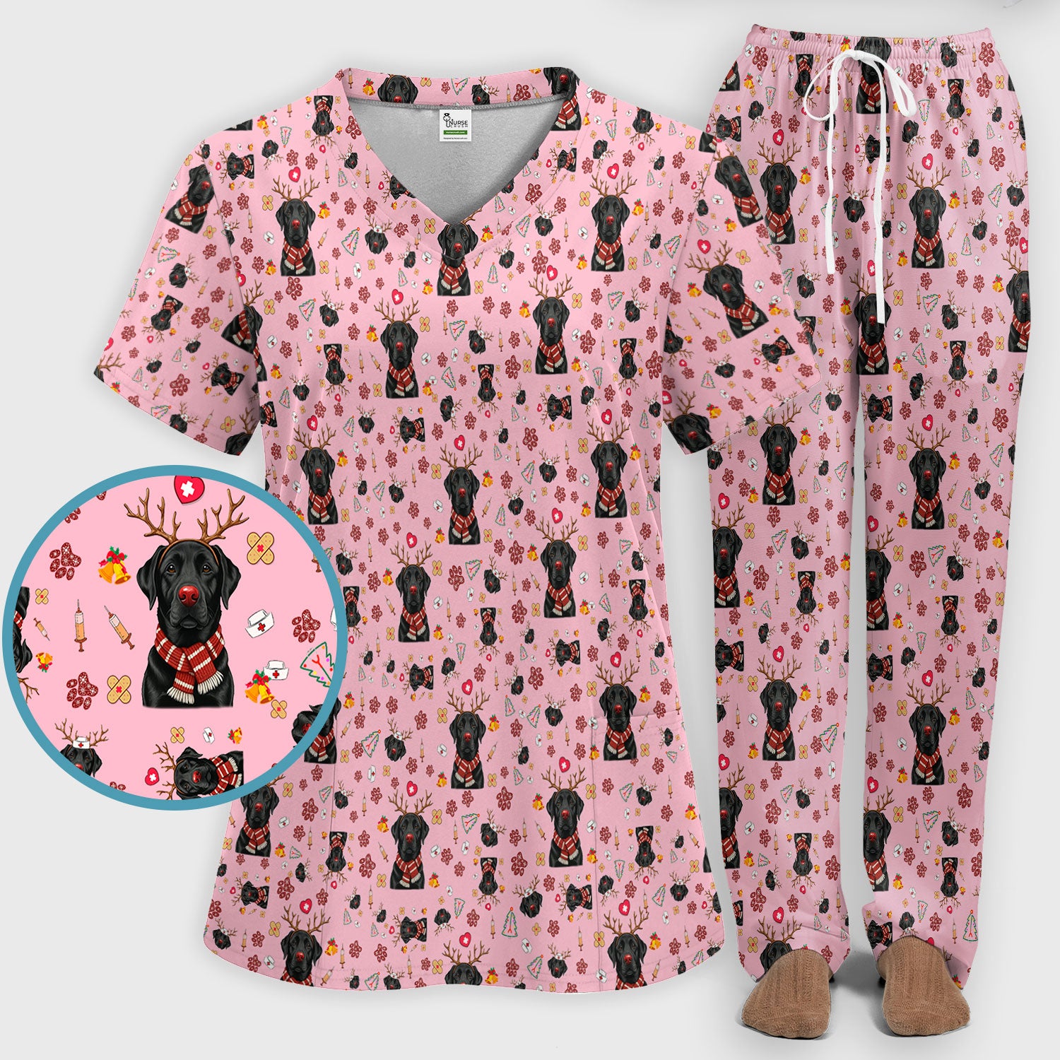 Black Lab Christmas Scrub Set - Funny Labrador Nursing Pants and V Neck Top - Cute Holiday Medical Uniform