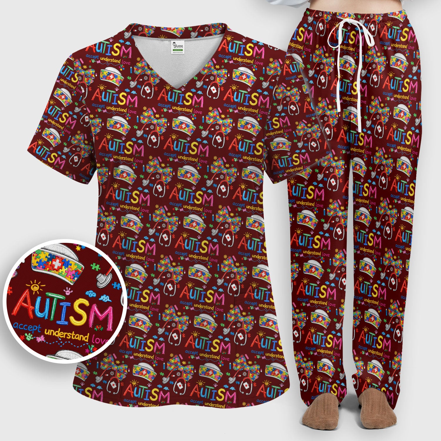 Autism Awareness Pattern Nurse Scrub Set, Accept Understand Love Puzzle Nurses Shirt, Breathable Fabrics Nursing Uniform