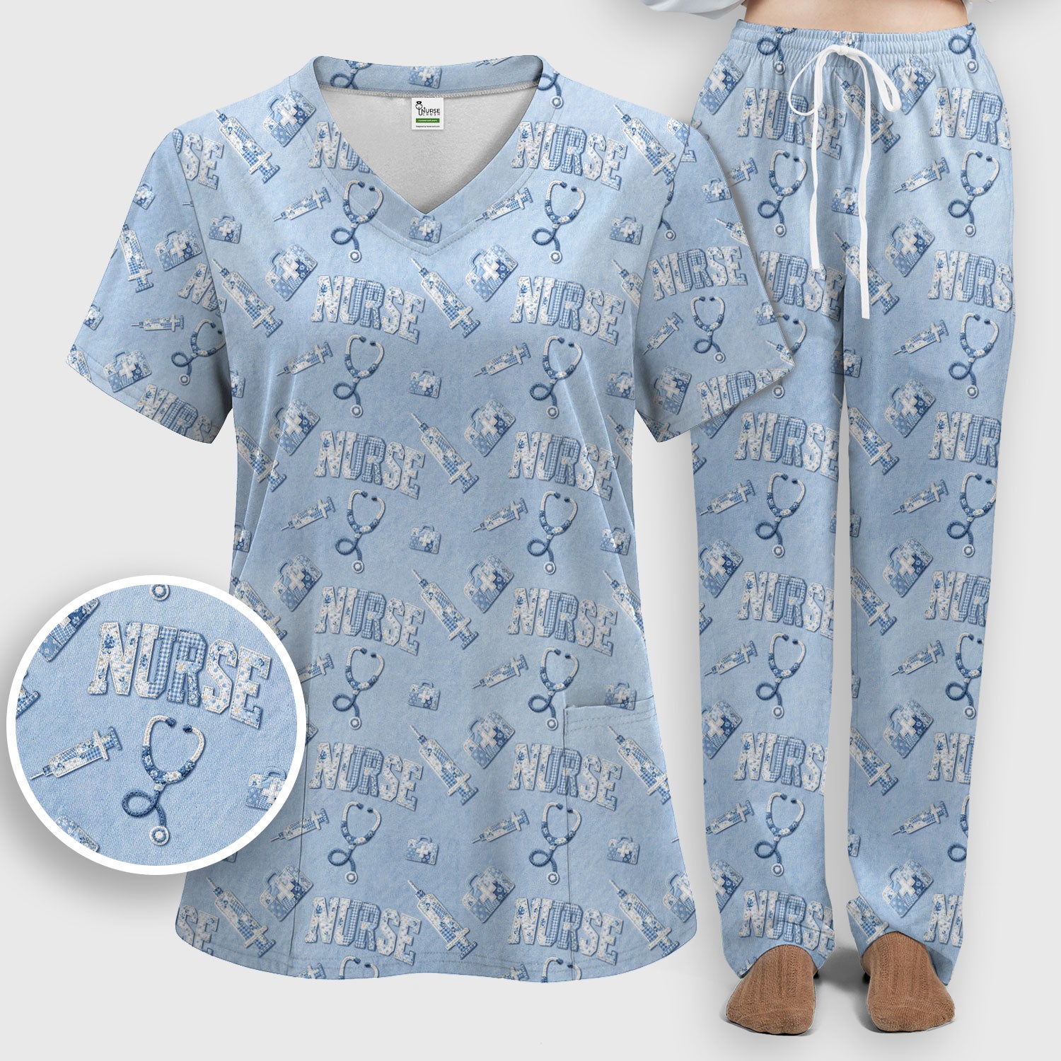 Blue Nurse Medical Pattern Scrub Set, Scrub Pants and V Neck Top