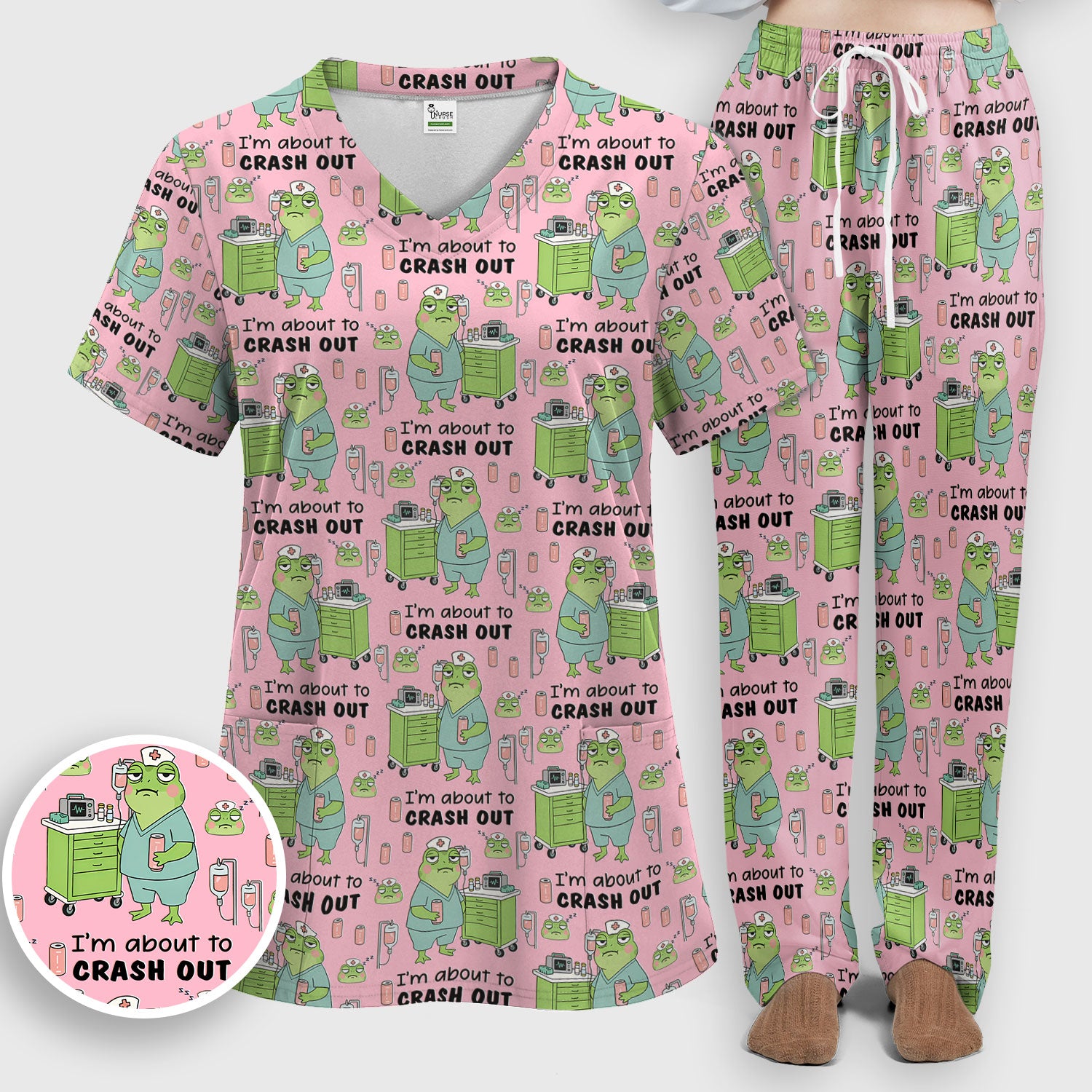 Funny Frog Pattern Nurse Scrub Set, I’m About to Crash Out Nurse Shirt, Breathable Fabrics Nursing Uniform