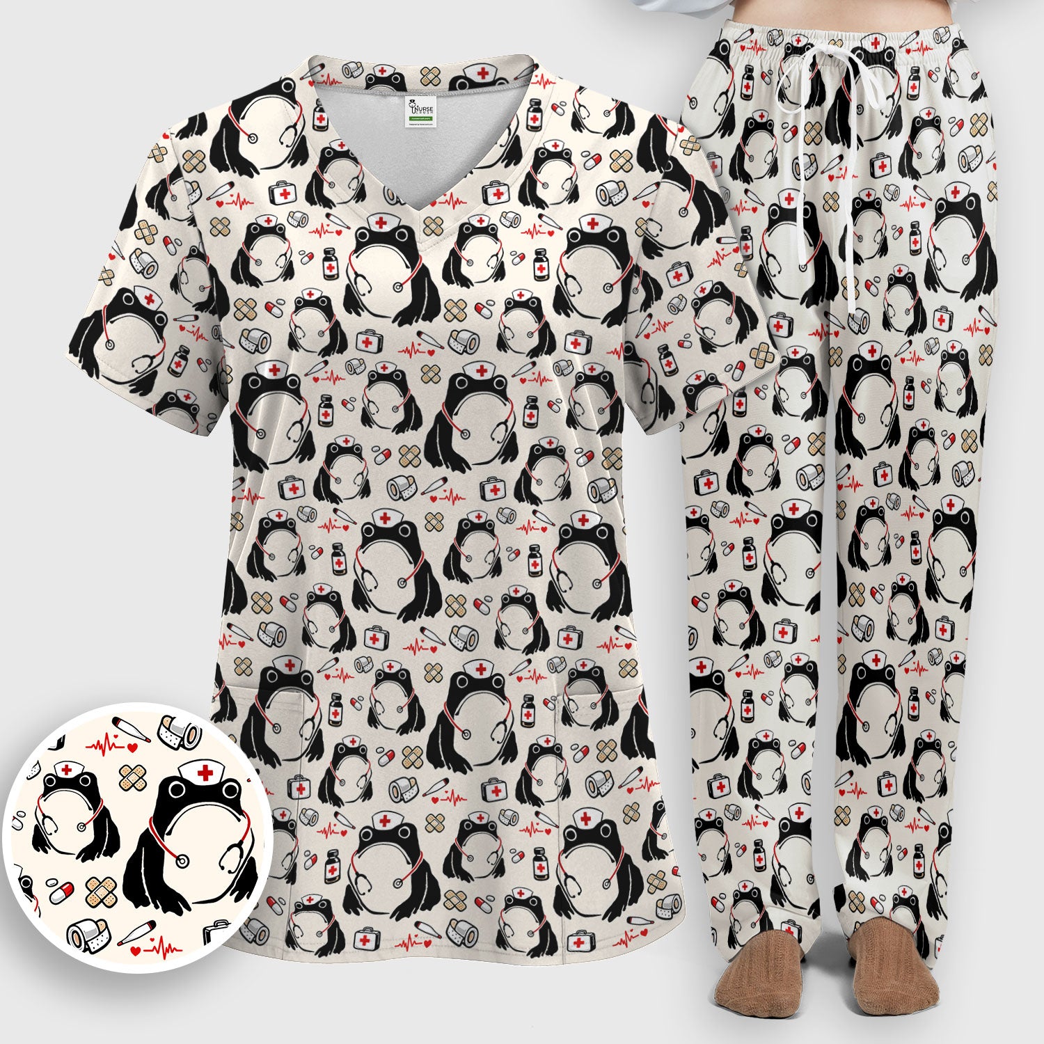 Cute Frog Nurse Medical Pattern Scrub Set, Breathable Med Uniform