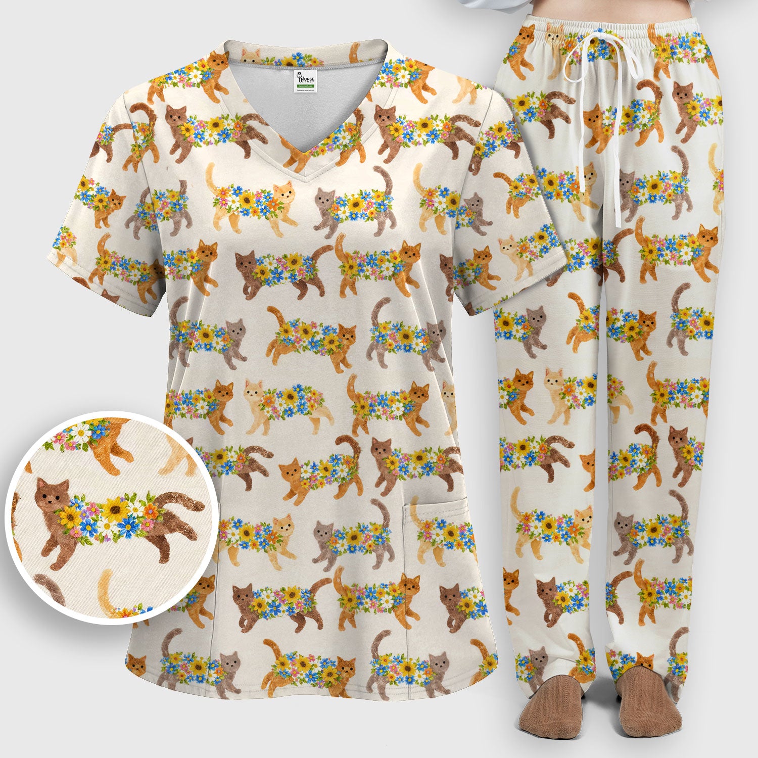 Cute Flower Filled Cat Pattern Scrub Set, Scrub Pants and V Neck Top