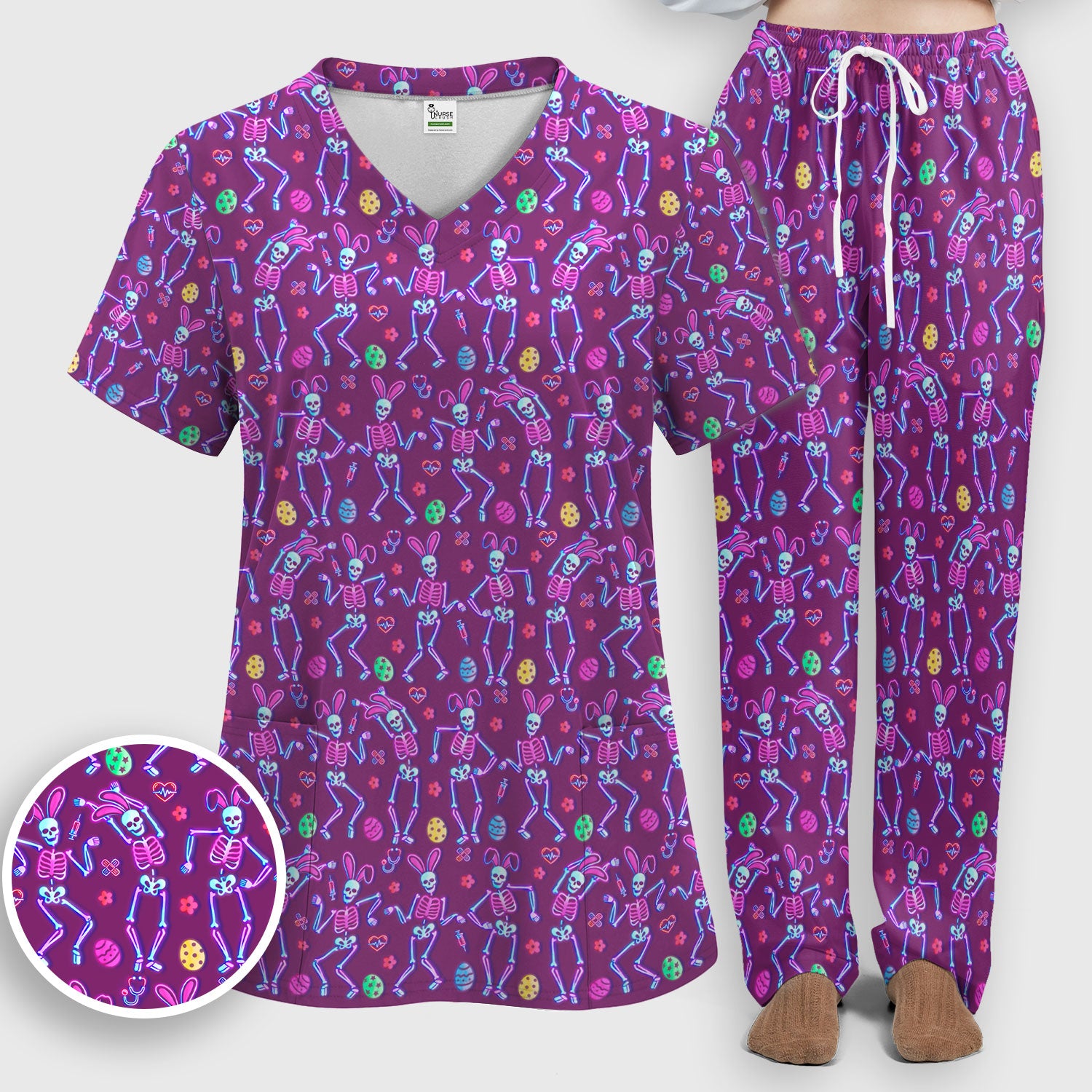 Neon Easter Skeleton Print Scrub Set, Scrub Pants and V Neck Top