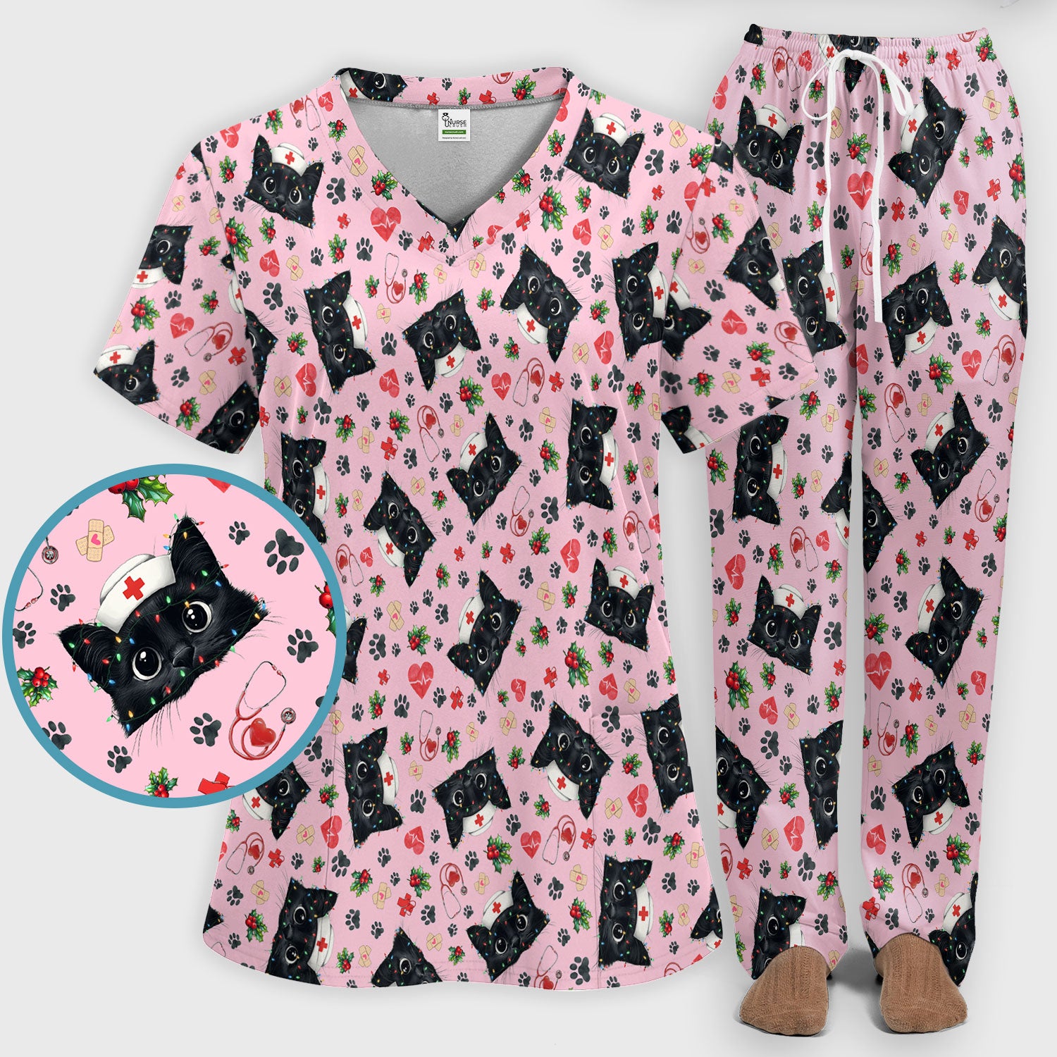 Funny Cats Scrub Set for Nurses - Black Kittens Christmas Scrubs Pants and V Neck Top - Jolly Medical Uniform Gift for RN CNA LPN