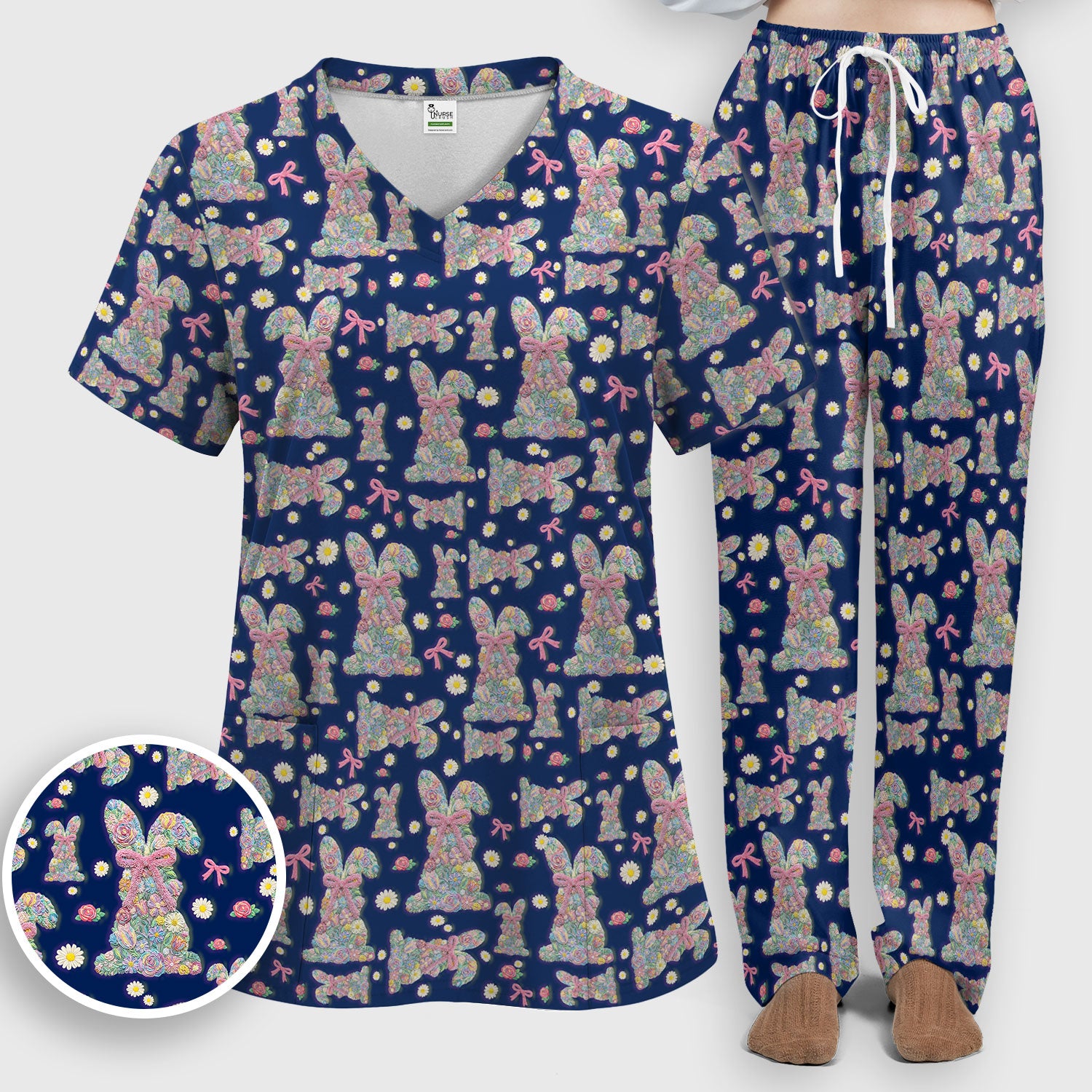 Colorful Floral Bunny with Pink Bow Pattern Scrub Set, Breathable Med Uniform