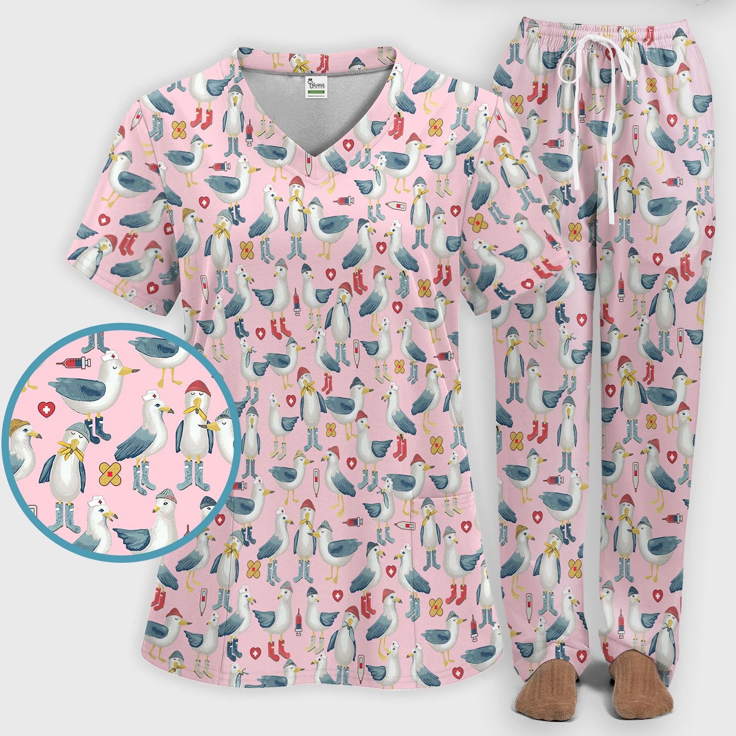Funny Seagull Nurse Scrub Set - Cute Bird with Medical Icons Scrubs Pants and V Neck Top - Comfortable Scrubs for Women