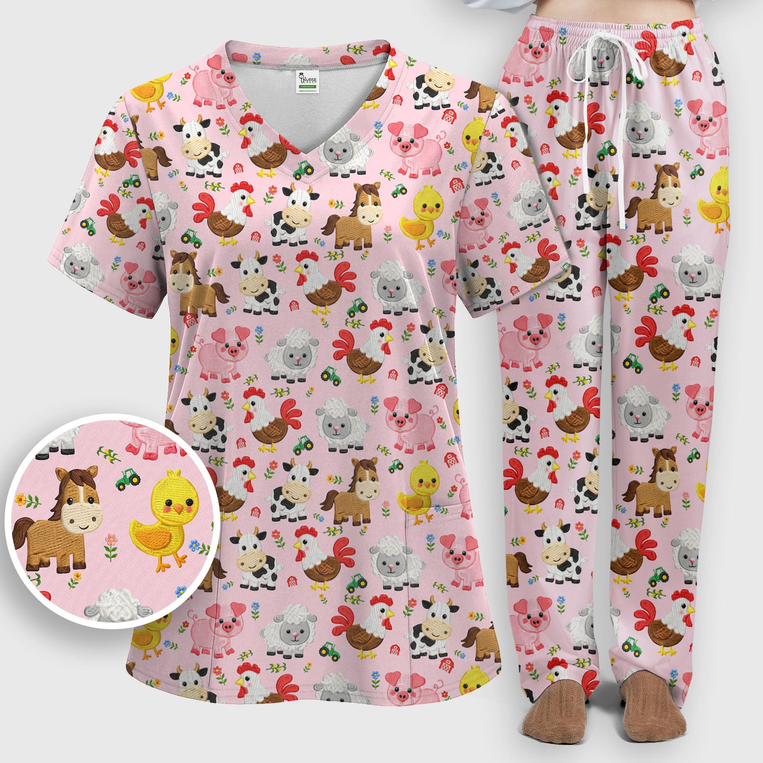 Cartoon Farm Animal Pattern Scrub Set, Breathable Med Uniform