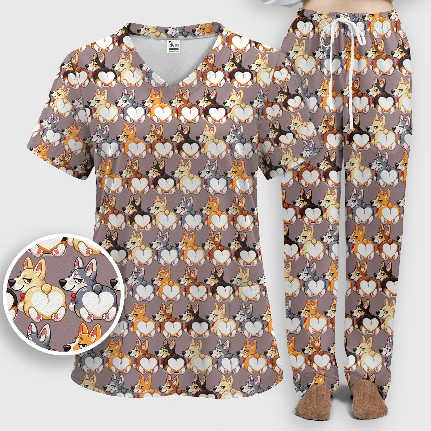 Funny Corgi Cartoon Pattern Scrub Set, Breathable Med Uniform