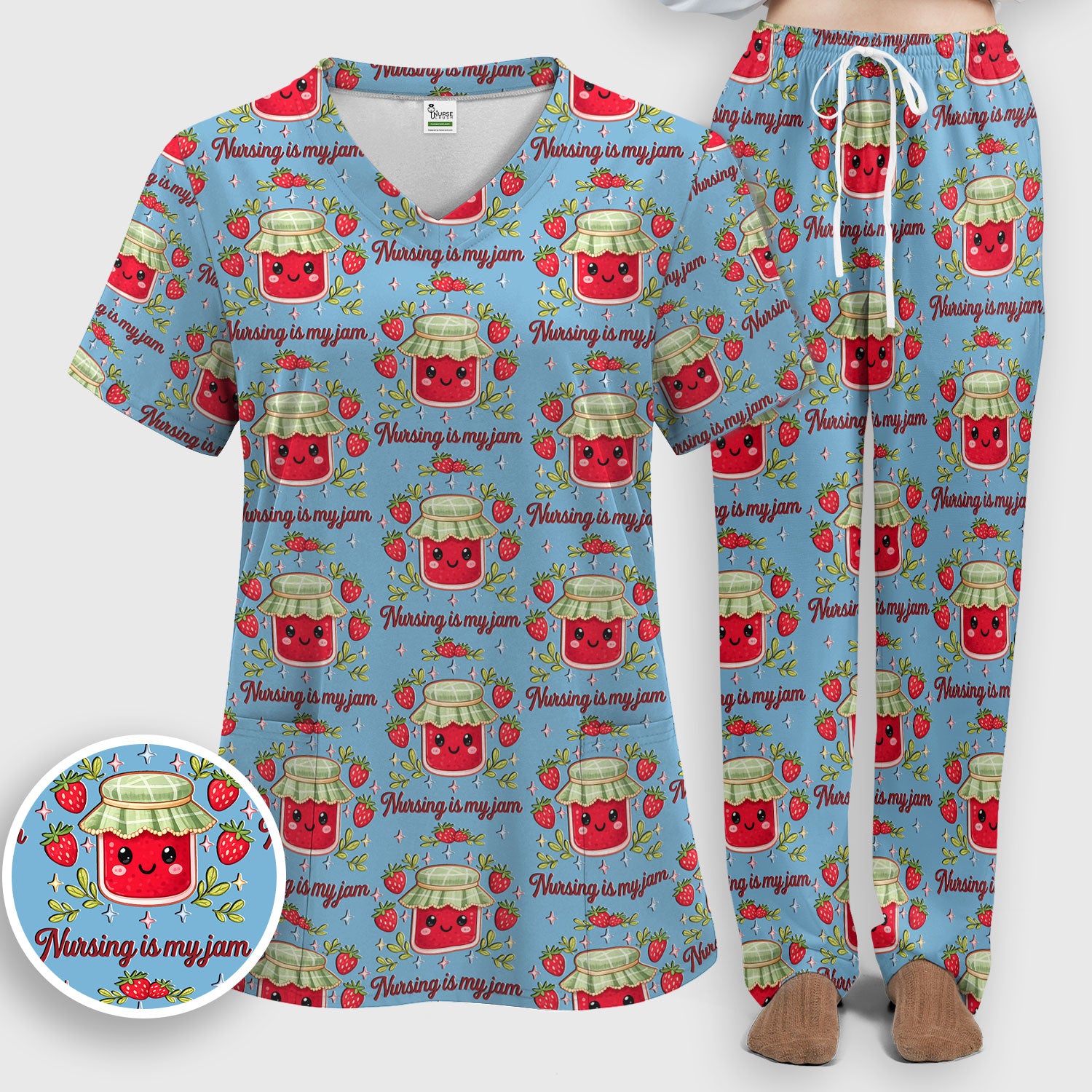 Cute Strawberry Jam Nurse Pattern Scrub Set, Breathable Med Uniform