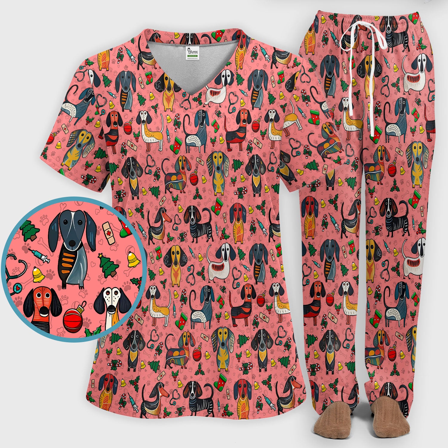 Dachshund Christmas Scrub Set - Cute Wiener Dog Pants and V Neck Top - Holiday Medical Uniform