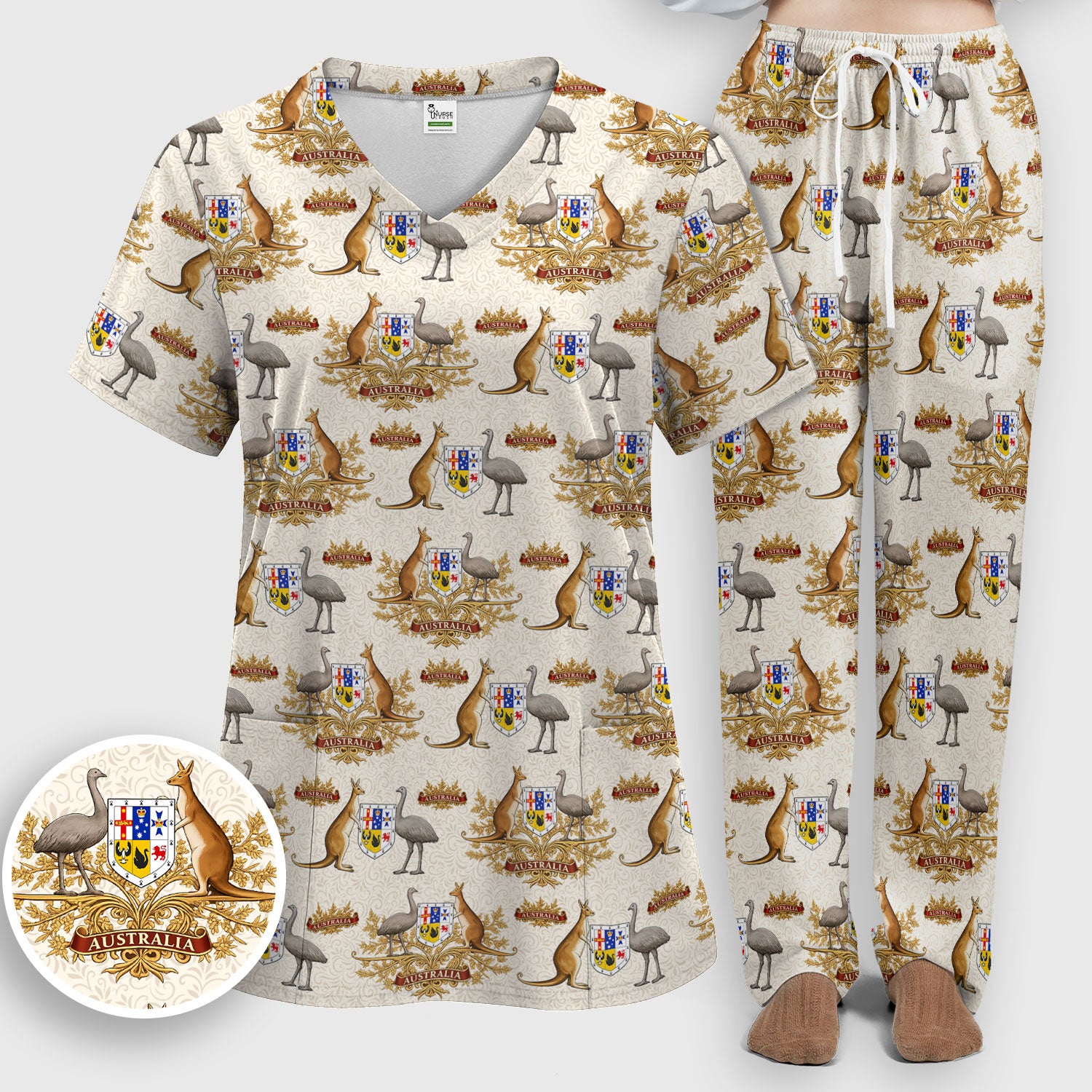 Australian National Crest Kangaroo Emu Scrub Set, Women's Scrub Sets