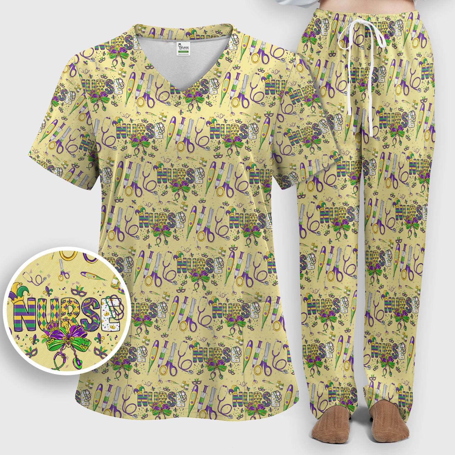 Mardi Gras Nurse Scrub Set, Holiday Medical Pattern Nurse Shirt, Breathable Fabrics Nursing Uniform