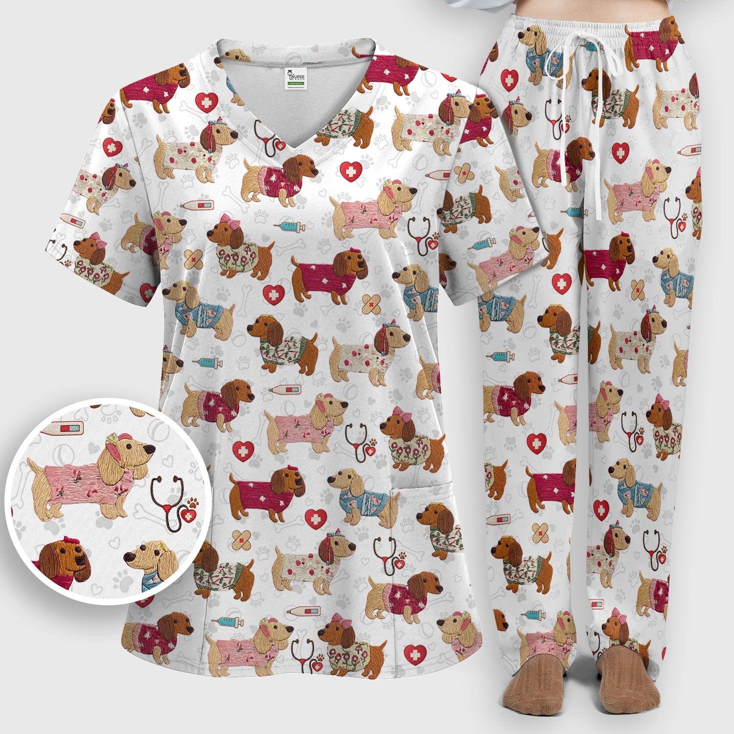 Cute Medical Wiener Dog Pattern Nurse Shirt, Dachshund Nursing Scrub Set, Breathable Fabrics Nursing Uniform