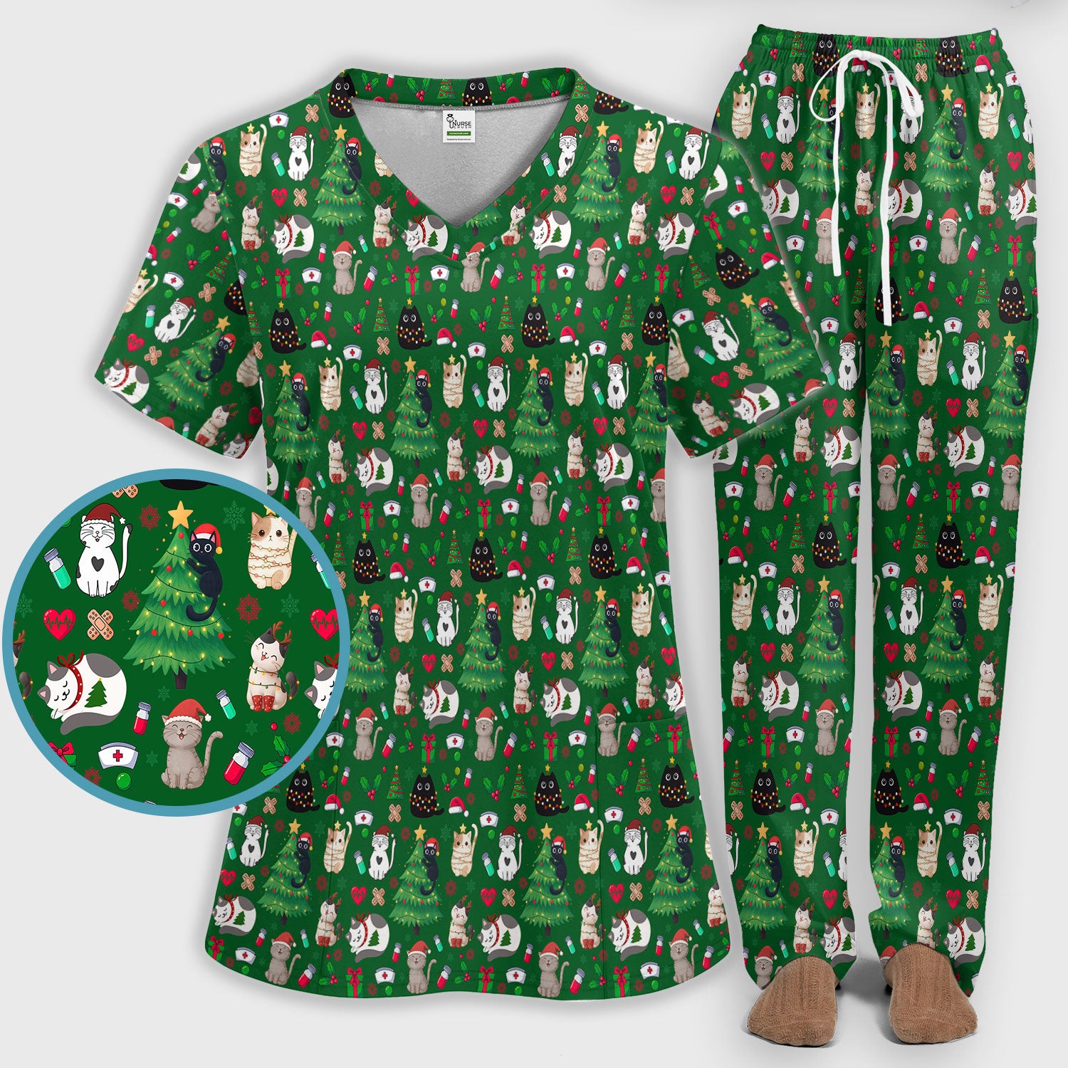 Christmas Cat Scrub Set, Xmas Pet Pattern Scrub Shirt, Breathable Fabrics Nursing Uniform