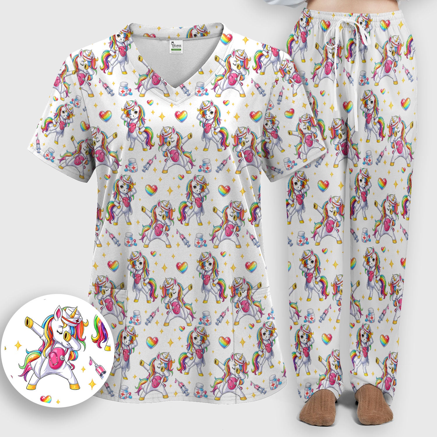 Playful Nurse Unicorn Rainbow Pattern Scrub Set, Breathable Med Uniform