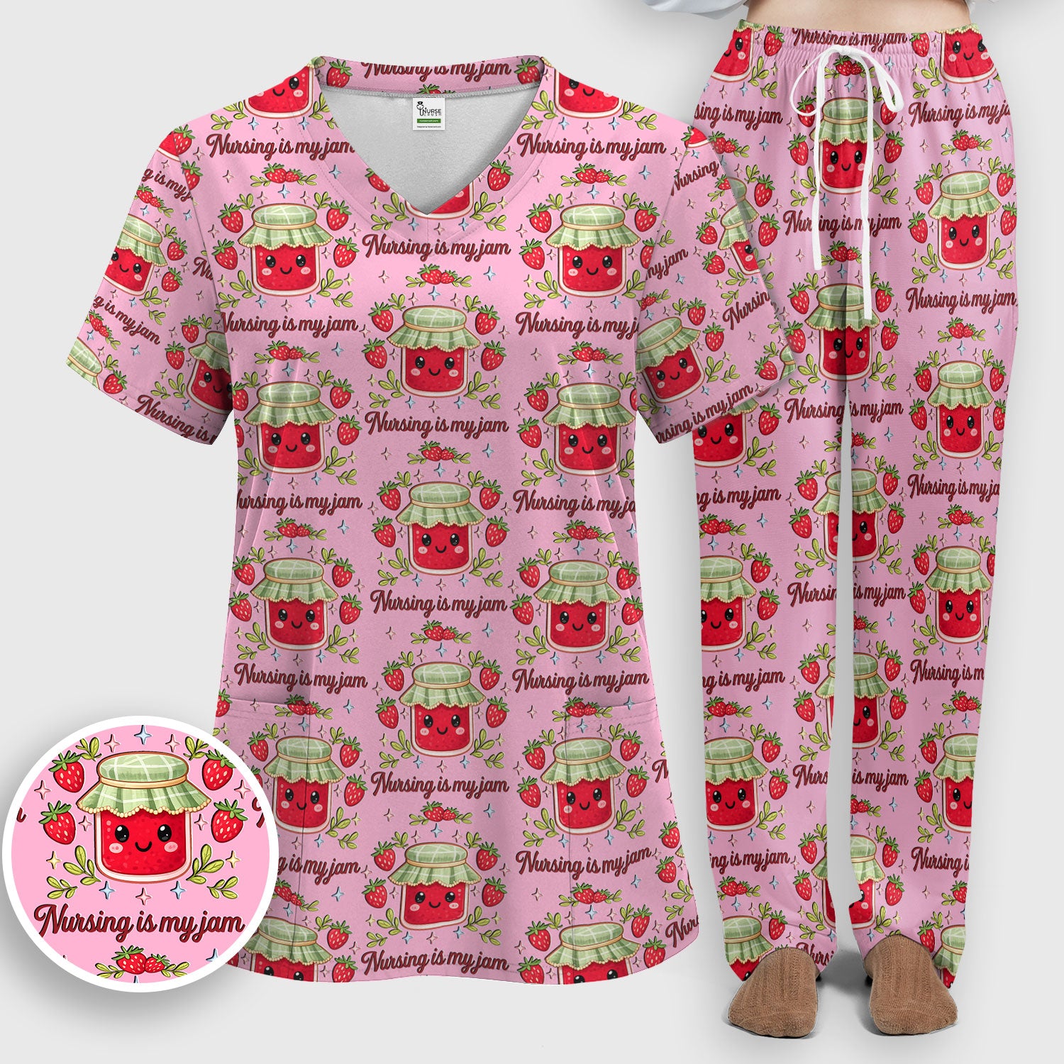 Cute Strawberry Jam Nurse Pattern Scrub Set, Breathable Med Uniform