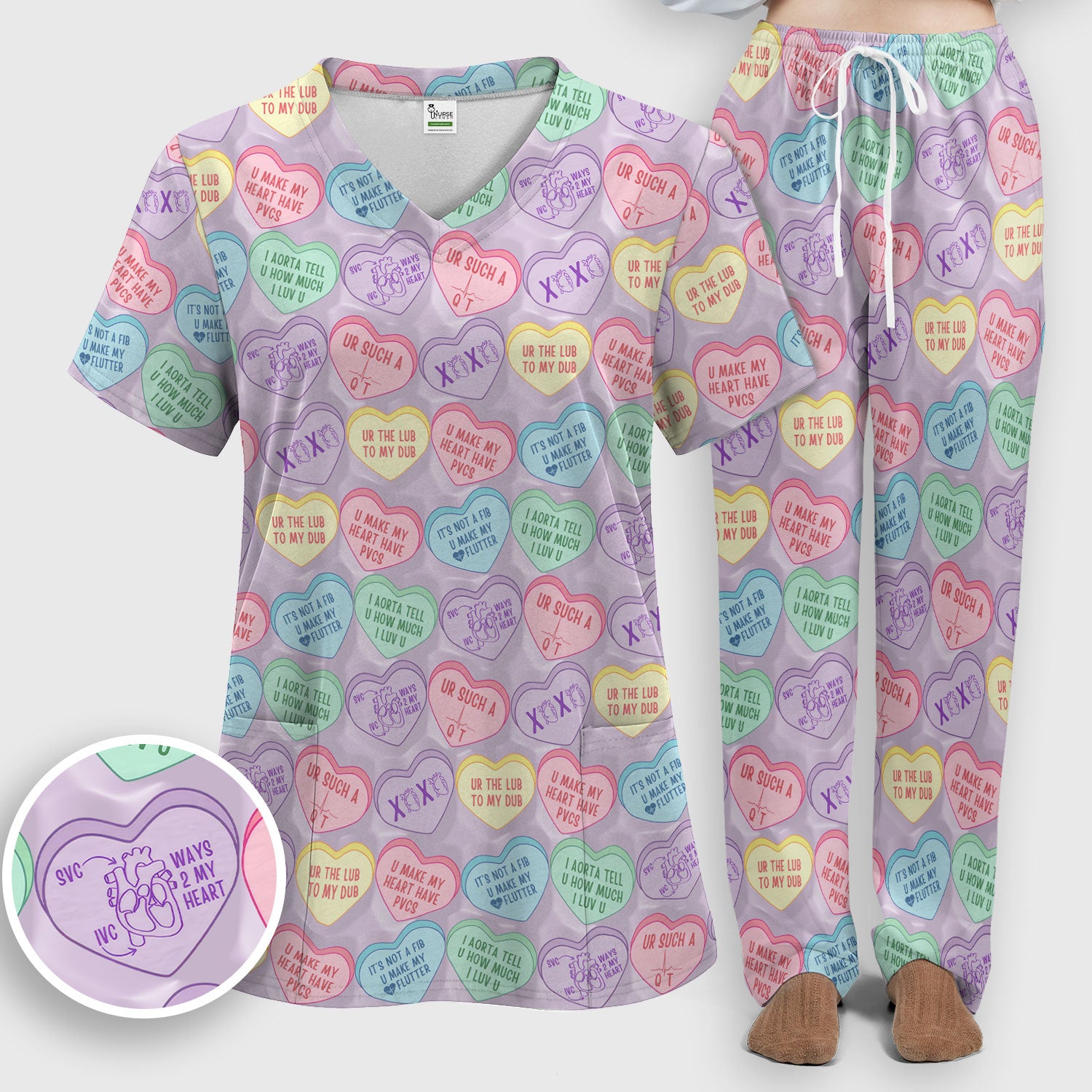 Medical Candy Heart Valentine Pattern Women’s Scrub Sets, Fun Medical Pattern, Breathable Med Uniform