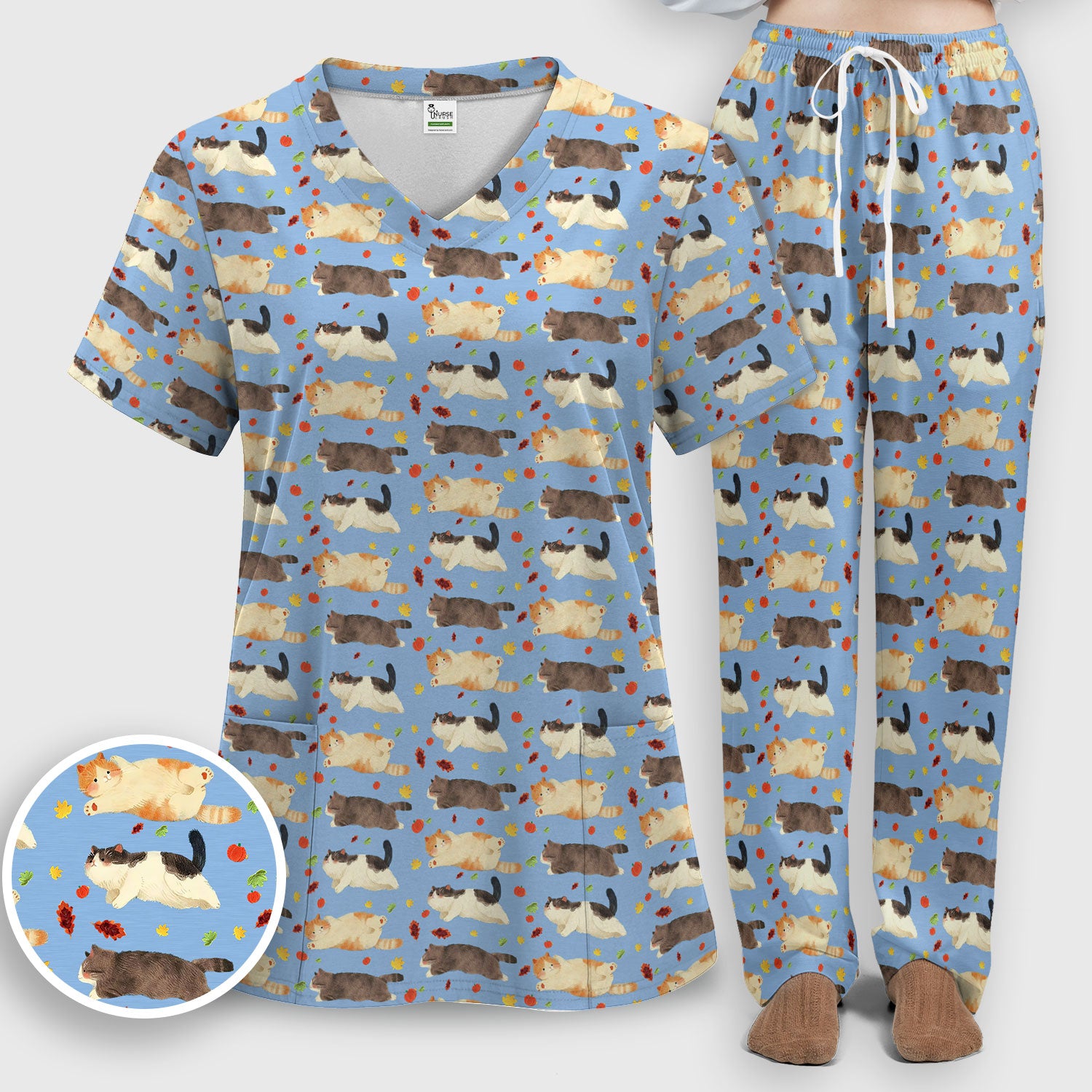 Chubby Cat Autumn Leaves Print Scrub Set, Breathable Med Uniform