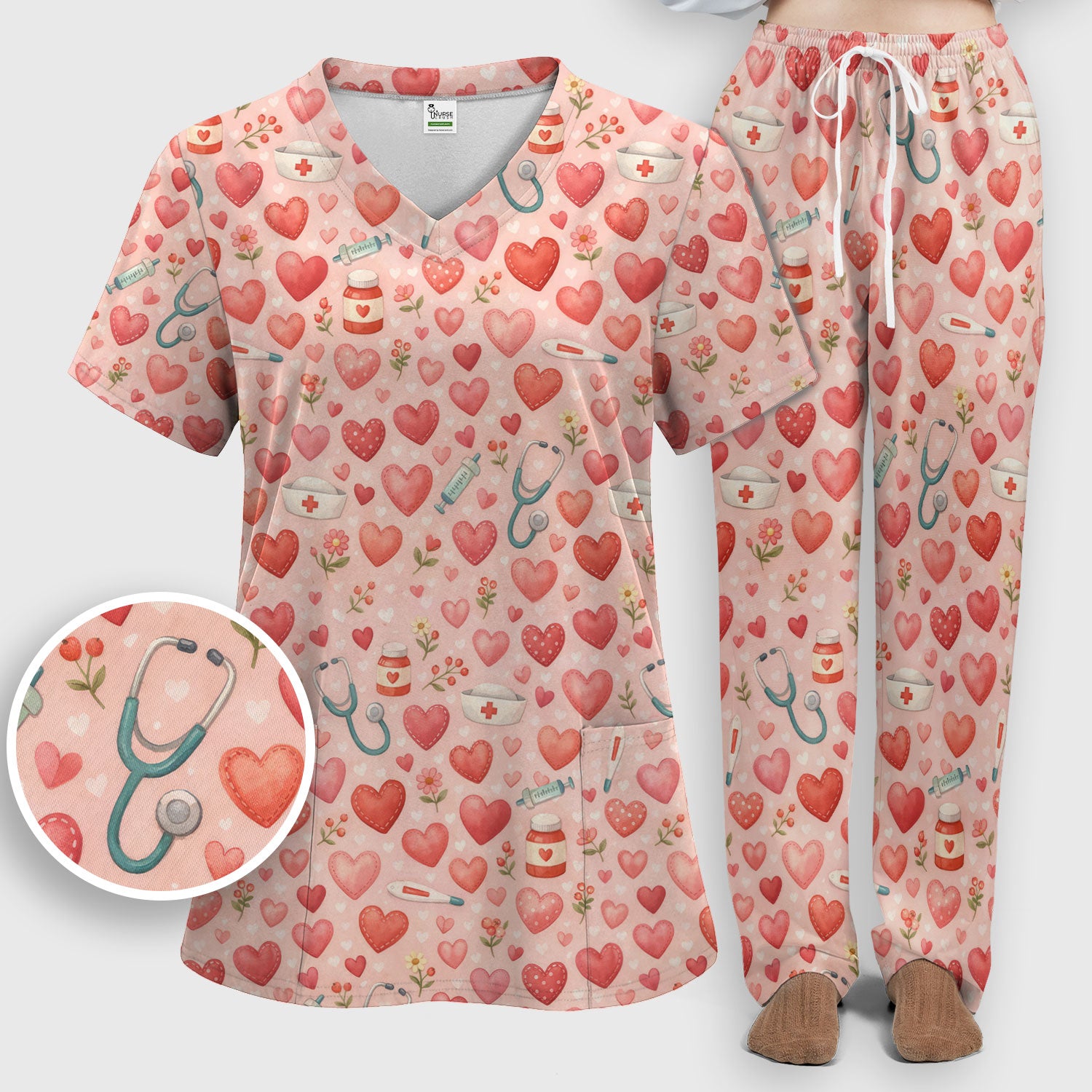 Cute Medical Heart Pattern Scrub Set, Valentine Nurse Scrub Shirt, Breathable Fabrics Nursing Uniform