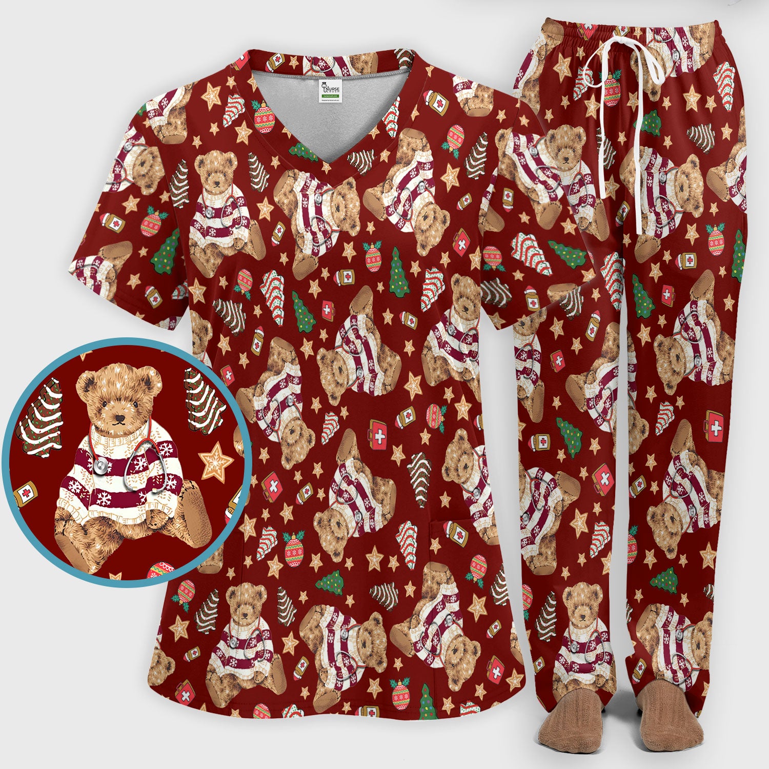 Teddy Bear Christmas Scrub Set - Festive Scrubs Pants and V Neck Top for Women - Gift for Nurses RN CNA LPN