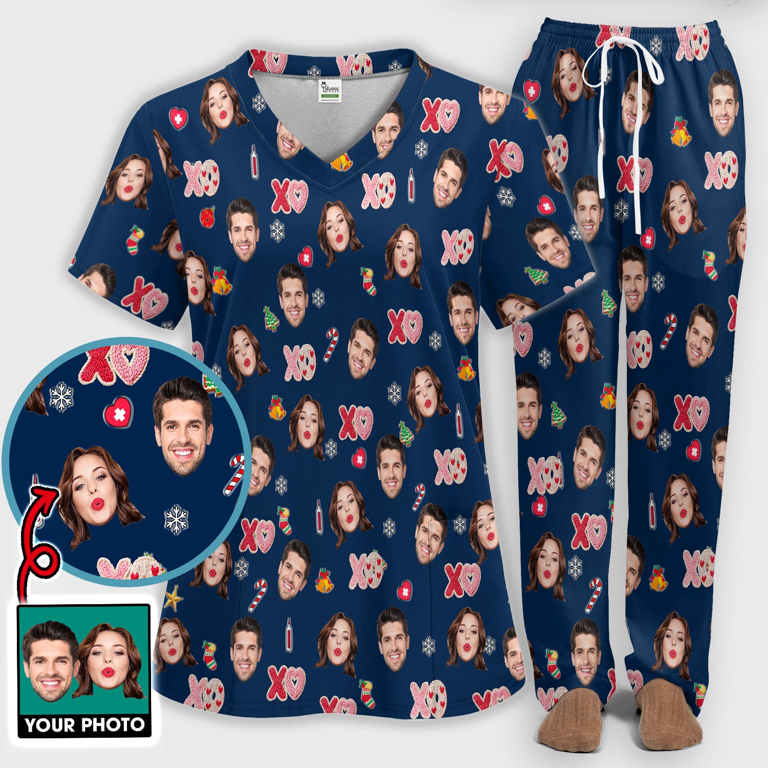 Personalized Photo Scrub Set, Custom Face XOXO Scrub Shirt, Breathable Fabrics Nursing Uniform