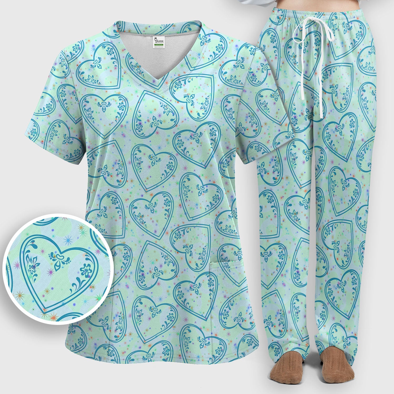 Valentine Heart Scrub Set For Women, Hearts Pattern Nurse Shirt, Comfortable Scrubs For Nursing